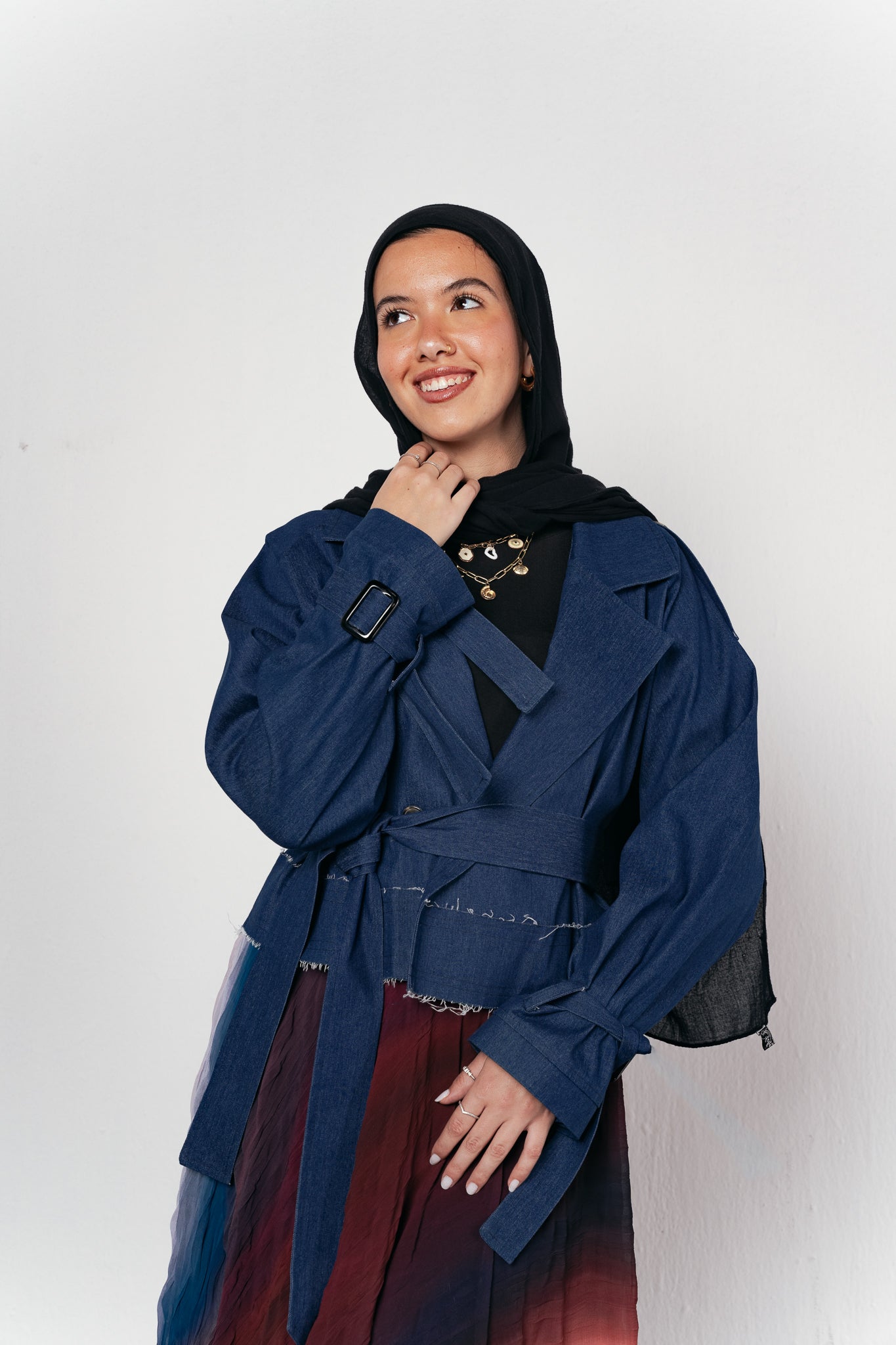 Cropped Trench Coat in Denim