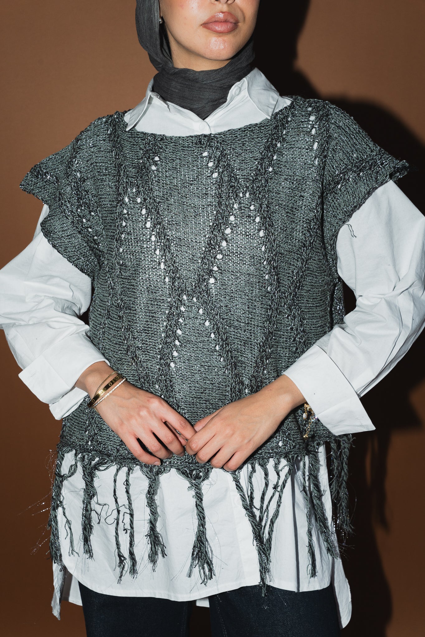 Crystal Mettalic Tassel Vest in Shimmer Olive x Black