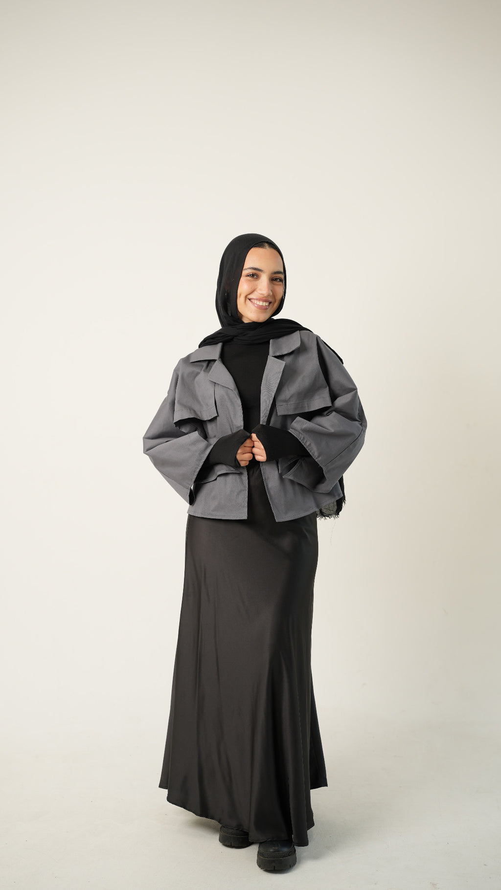 Drape Cropped Trench Coat in Gray