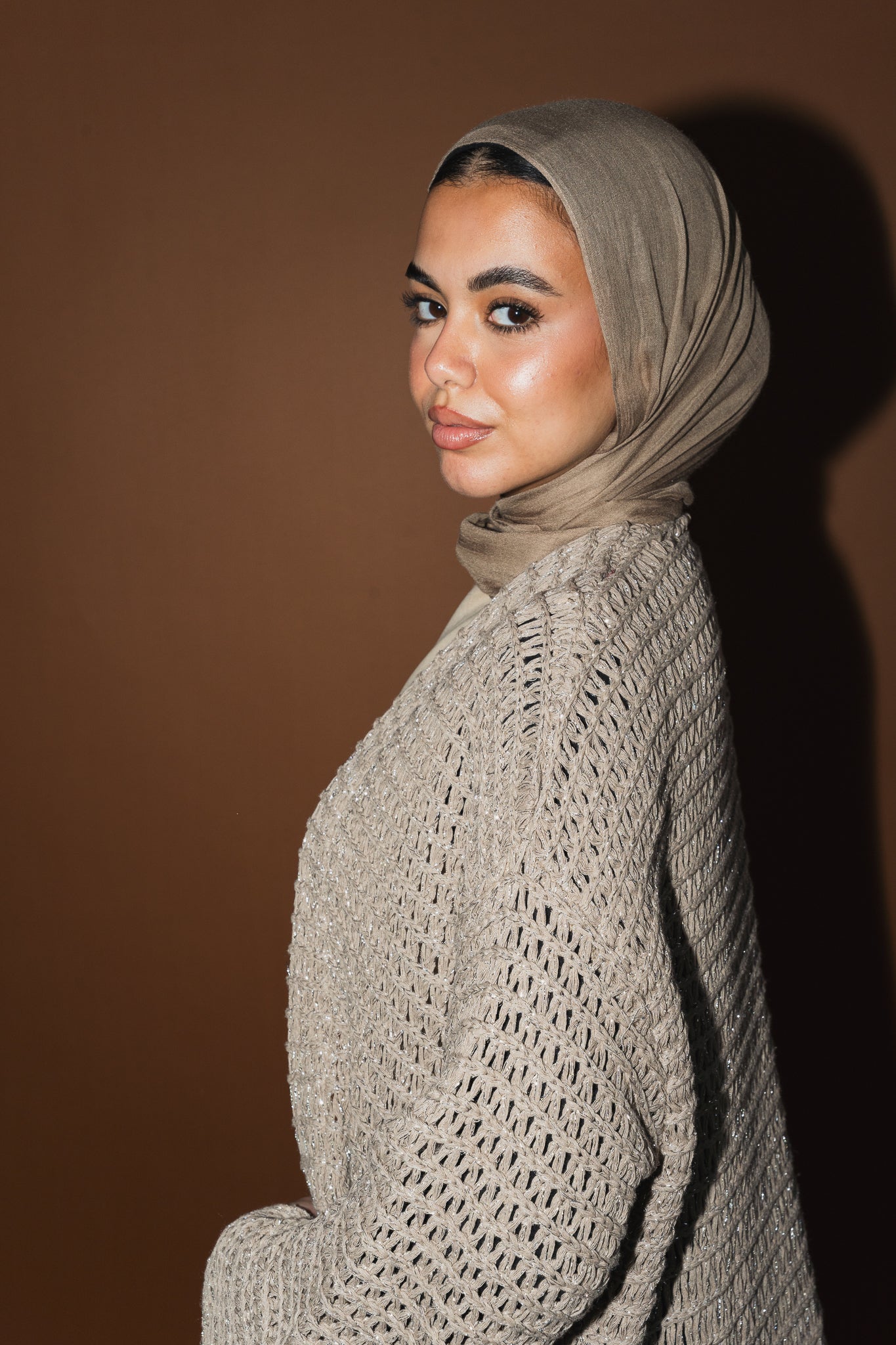 Threads of Charm Cardigan in Shimmer Cafe.