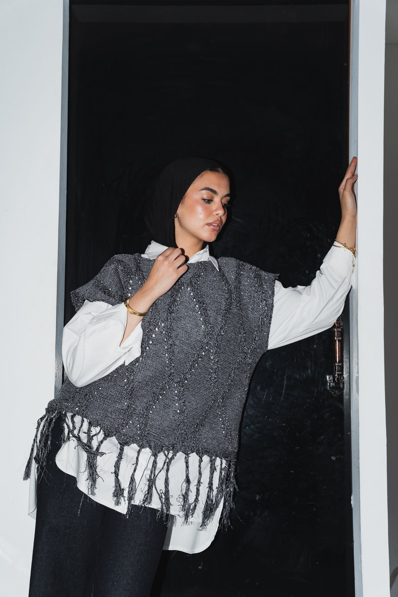 Crystal Mettalic Tassel Vest in Shimmer Dark Grey x Black