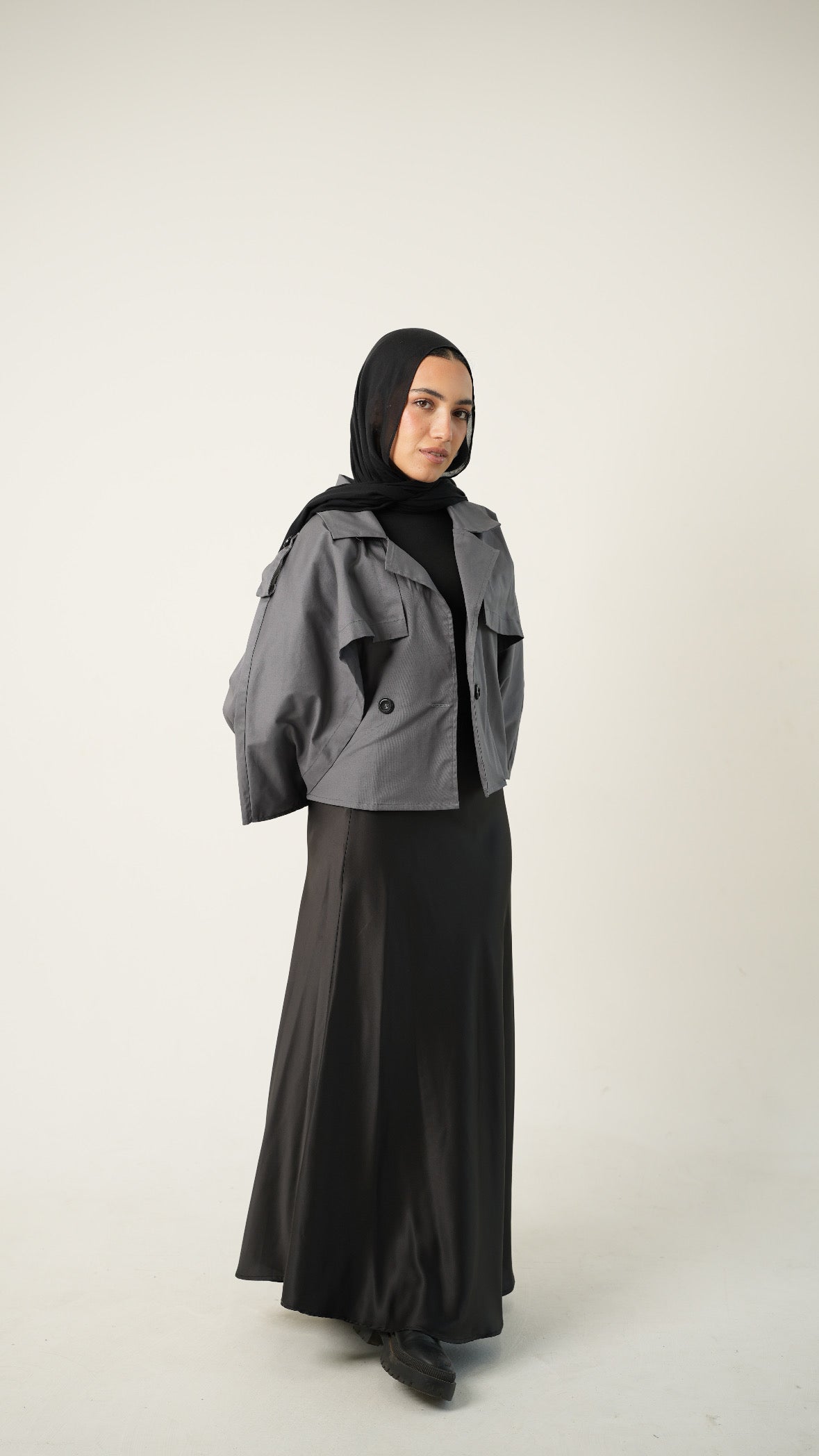 Drape Cropped Trench Coat in Gray