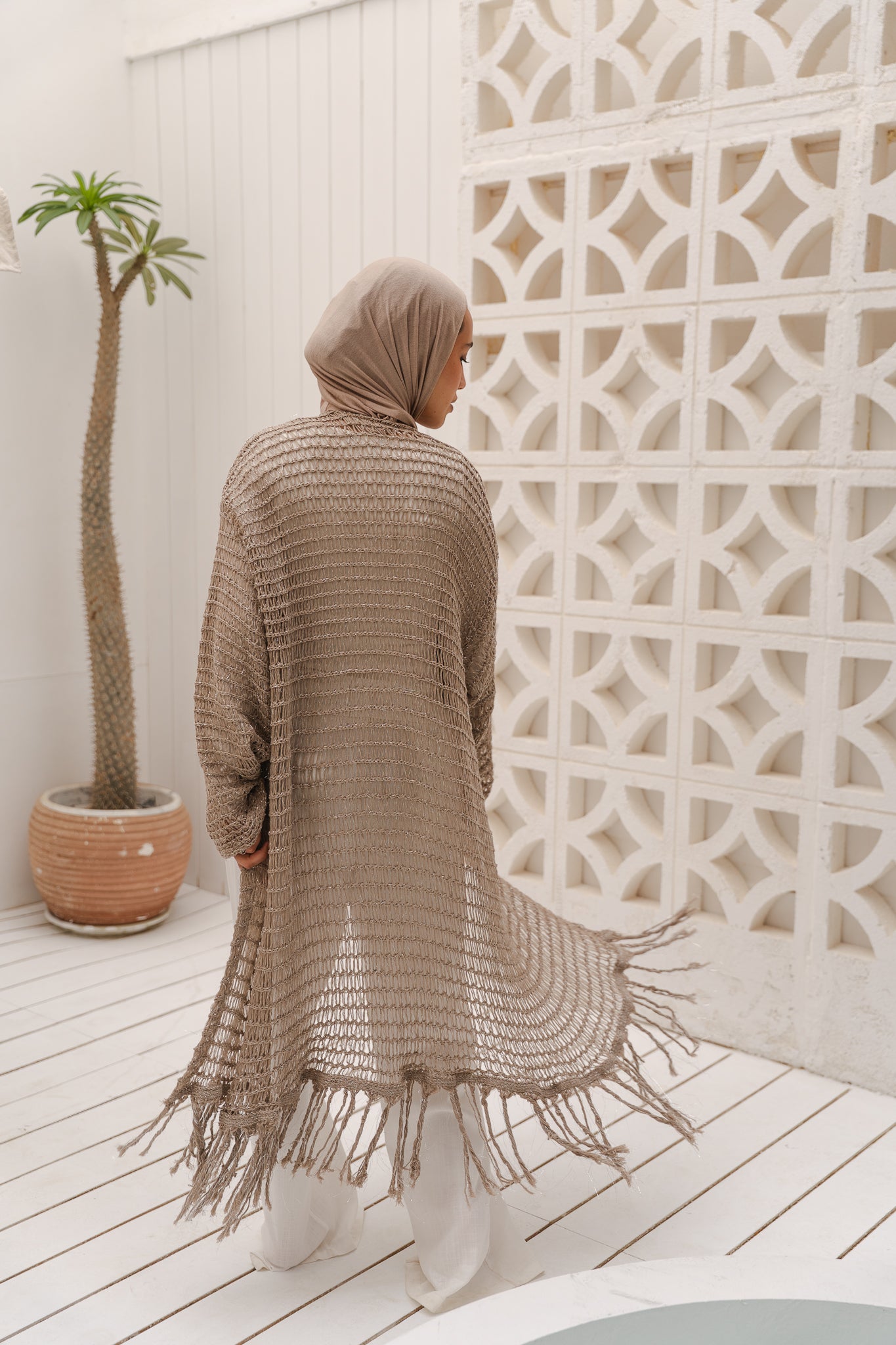 Threads of Charm Cardigan in Shimmer Cafe.