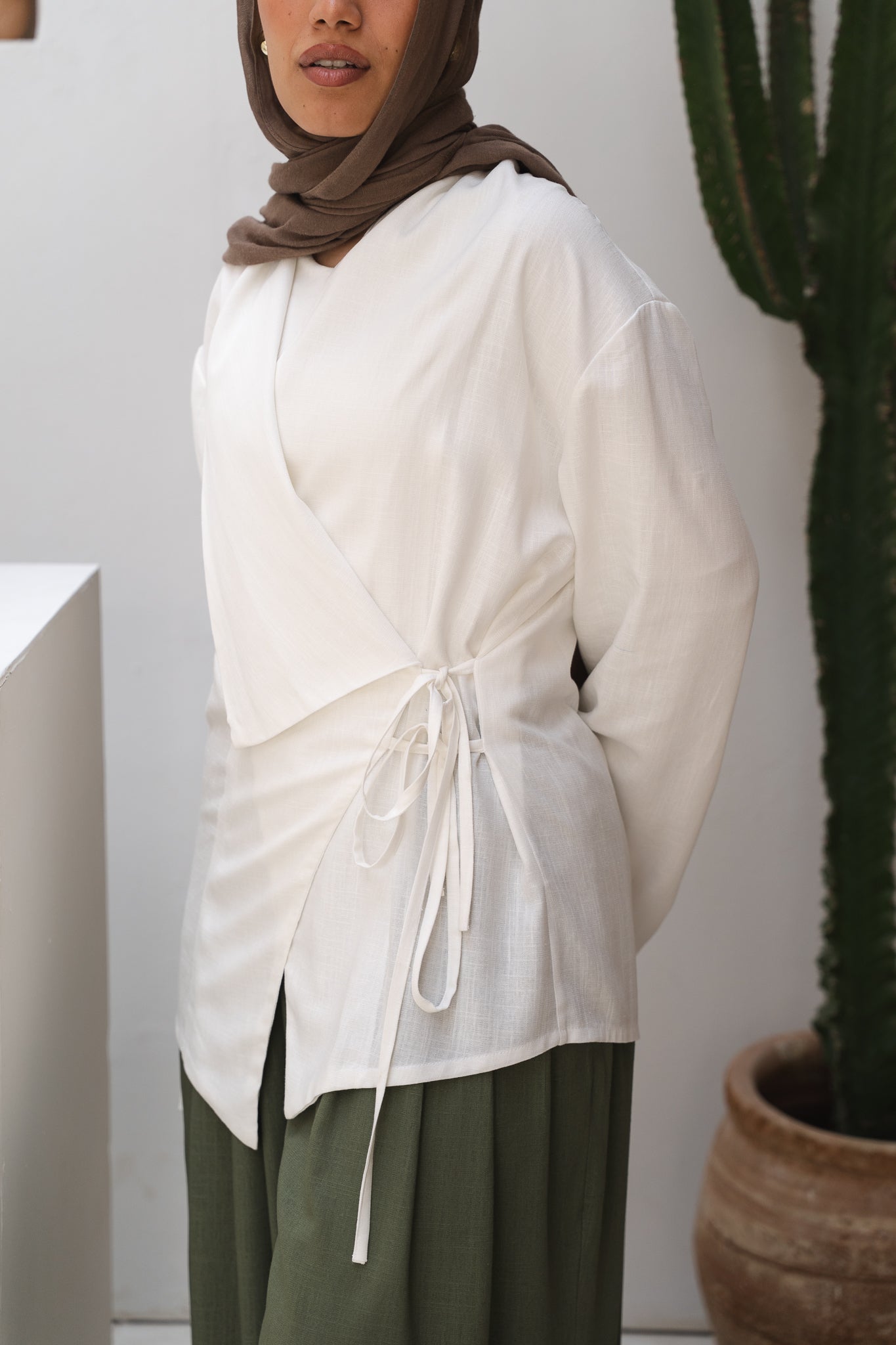 Side Tie Linen Top in White