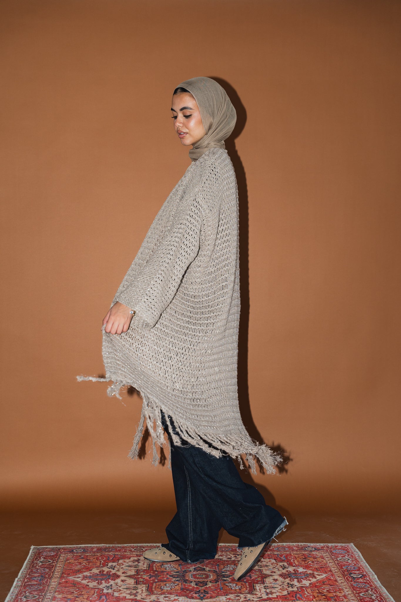 Threads of Charm Cardigan in Shimmer Cafe.