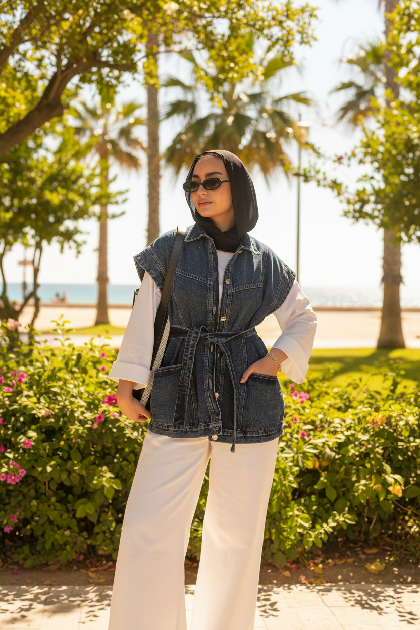STUDDED Denim Vest in Dark blue