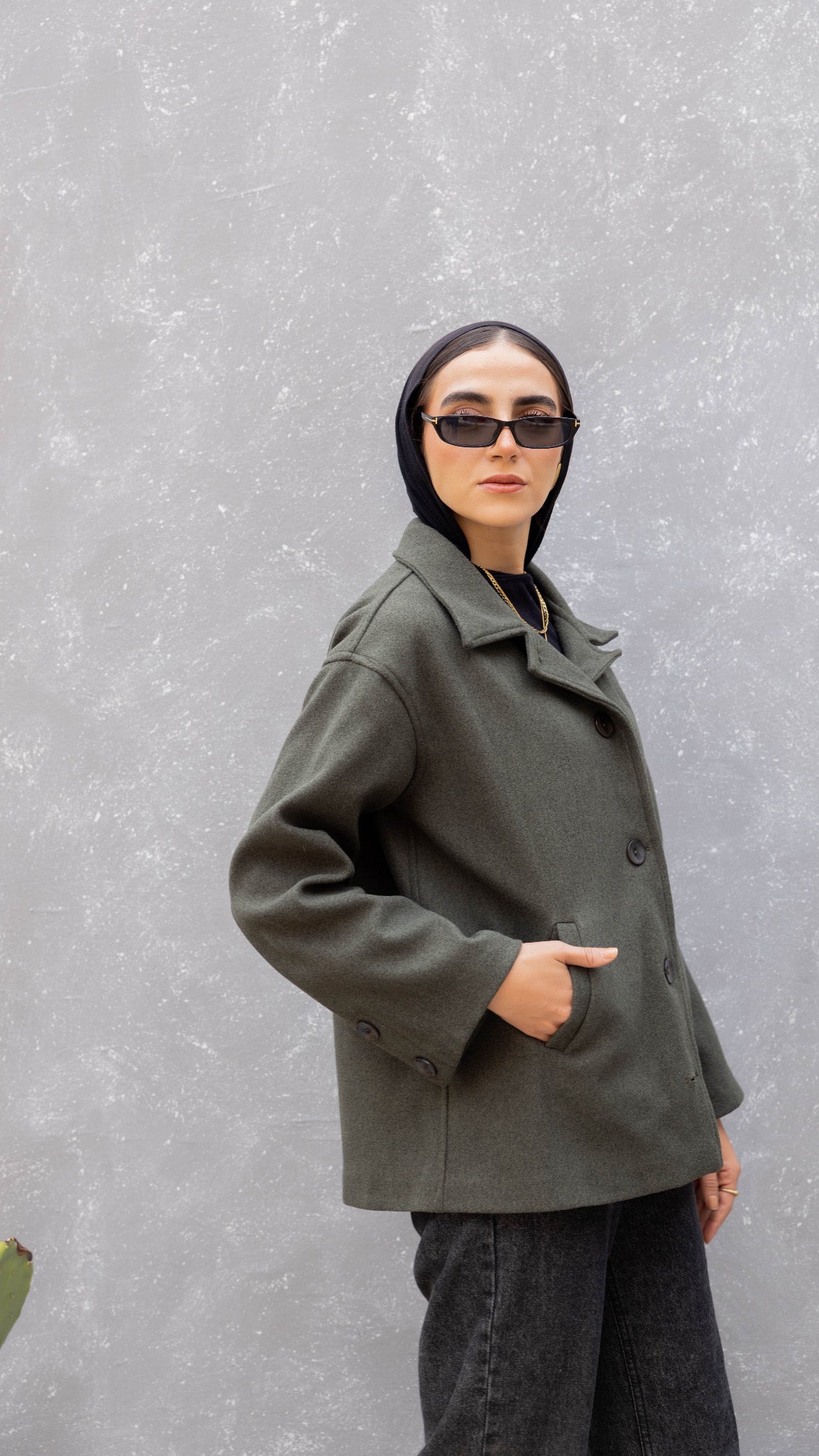 Short Felt Texture Coat in Olive