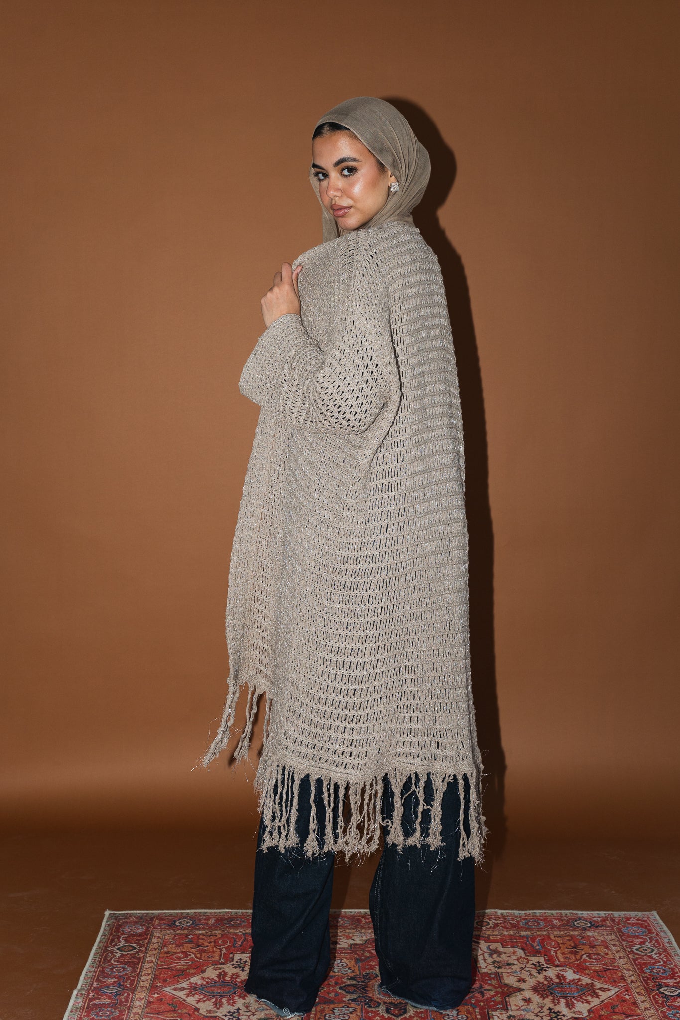 Threads of Charm Cardigan in Shimmer Cafe.