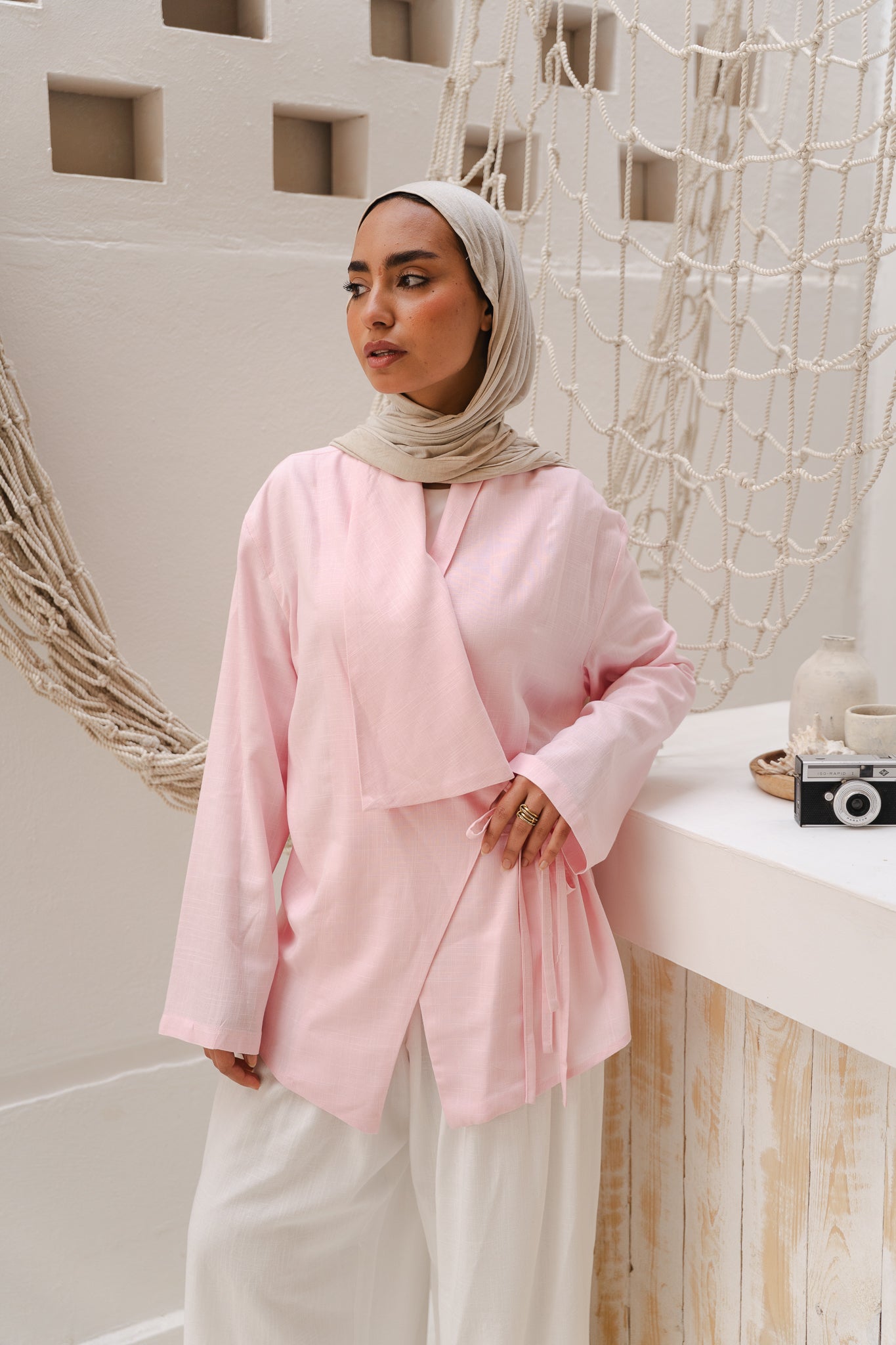 Side Tie Linen Top in Rose
