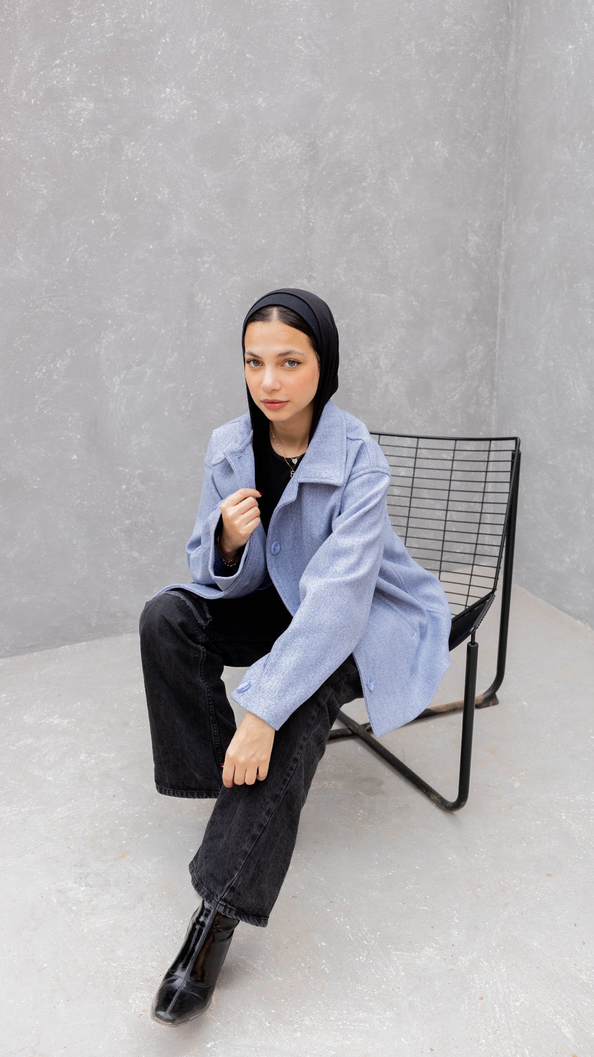 Short Felt Texture Coat in Denim Blue