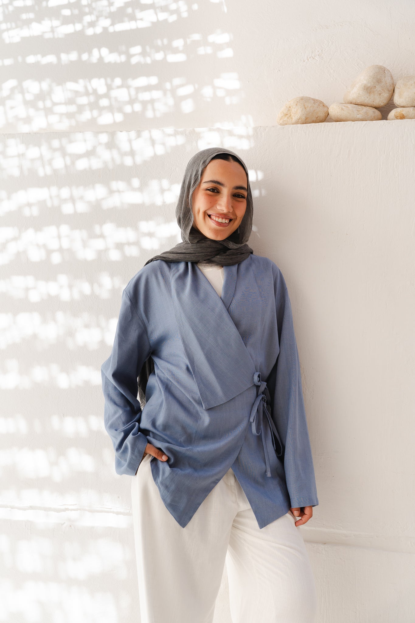 Side Tie Linen Top in Blue