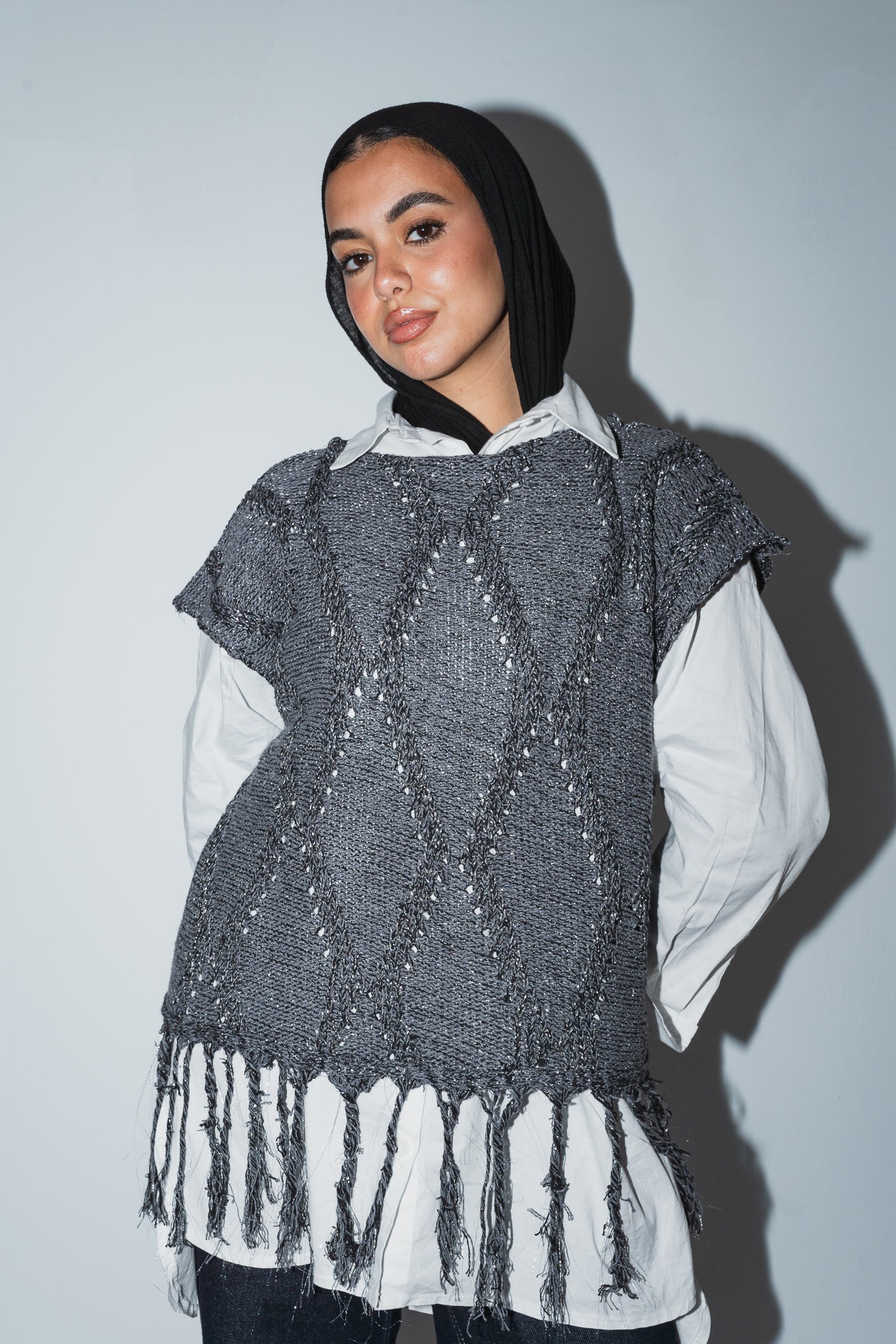 Crystal Mettalic Tassel Vest in Shimmer Dark Grey x Black