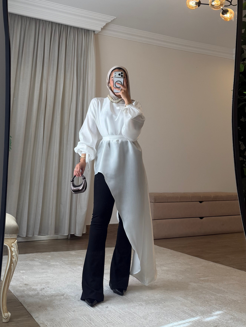 Asymmetrical Shimmer Top in White