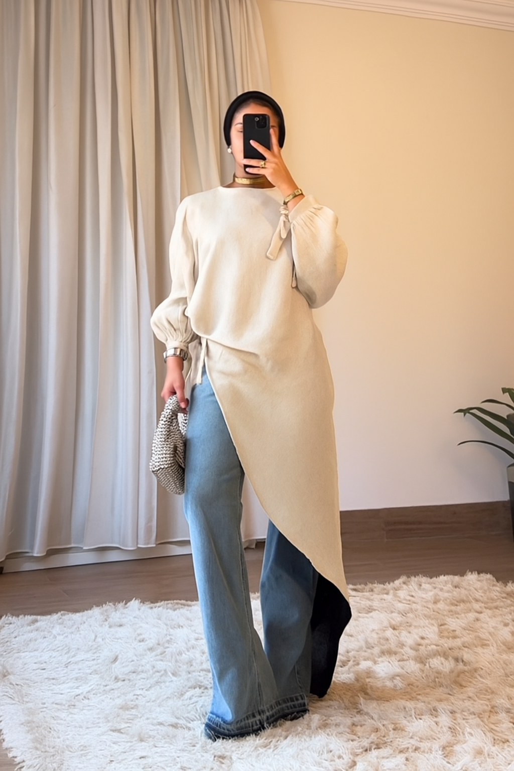 Asymmetrical Shimmer Top in Beige