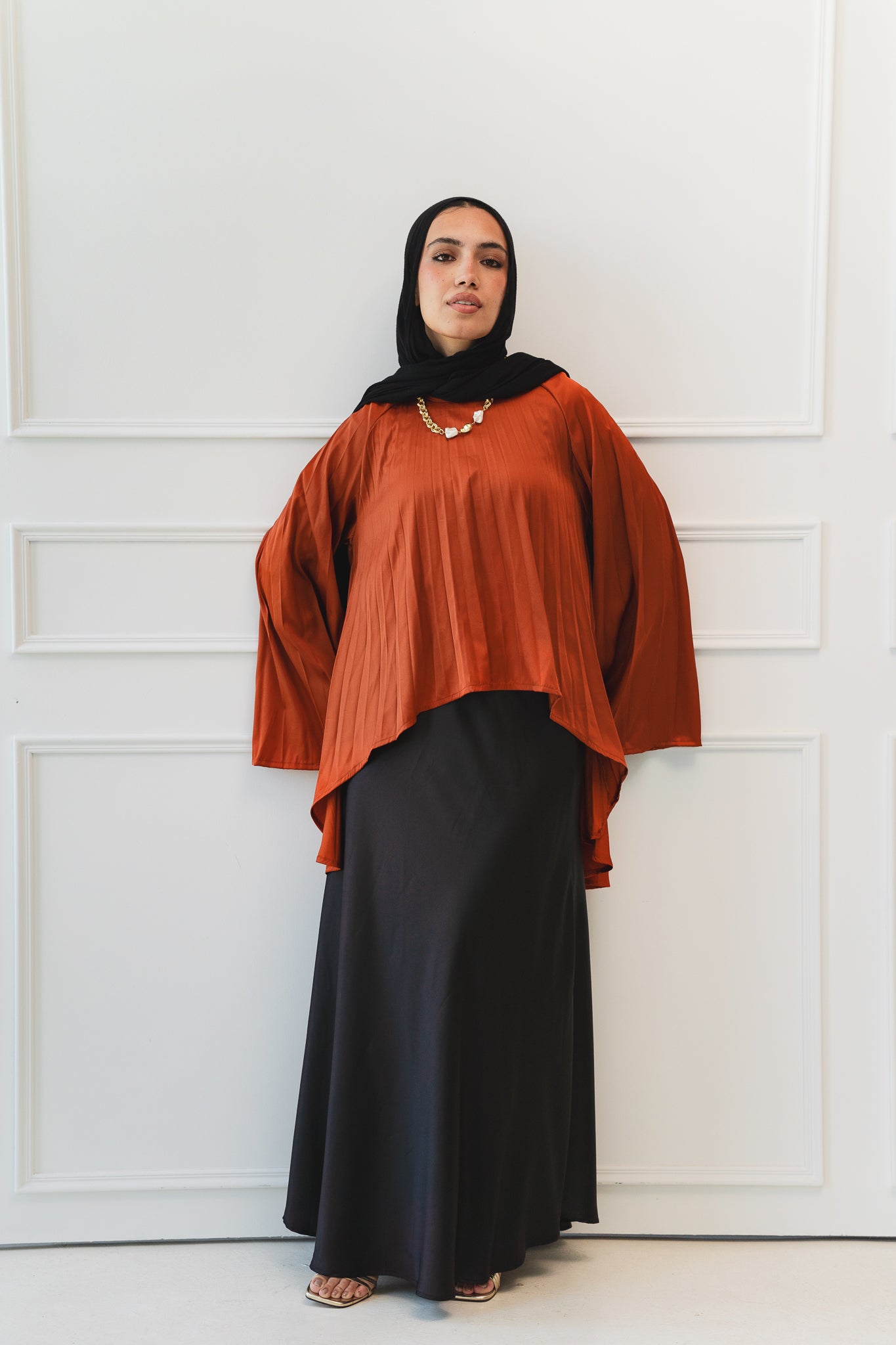 Satin Pleats Top in Brick