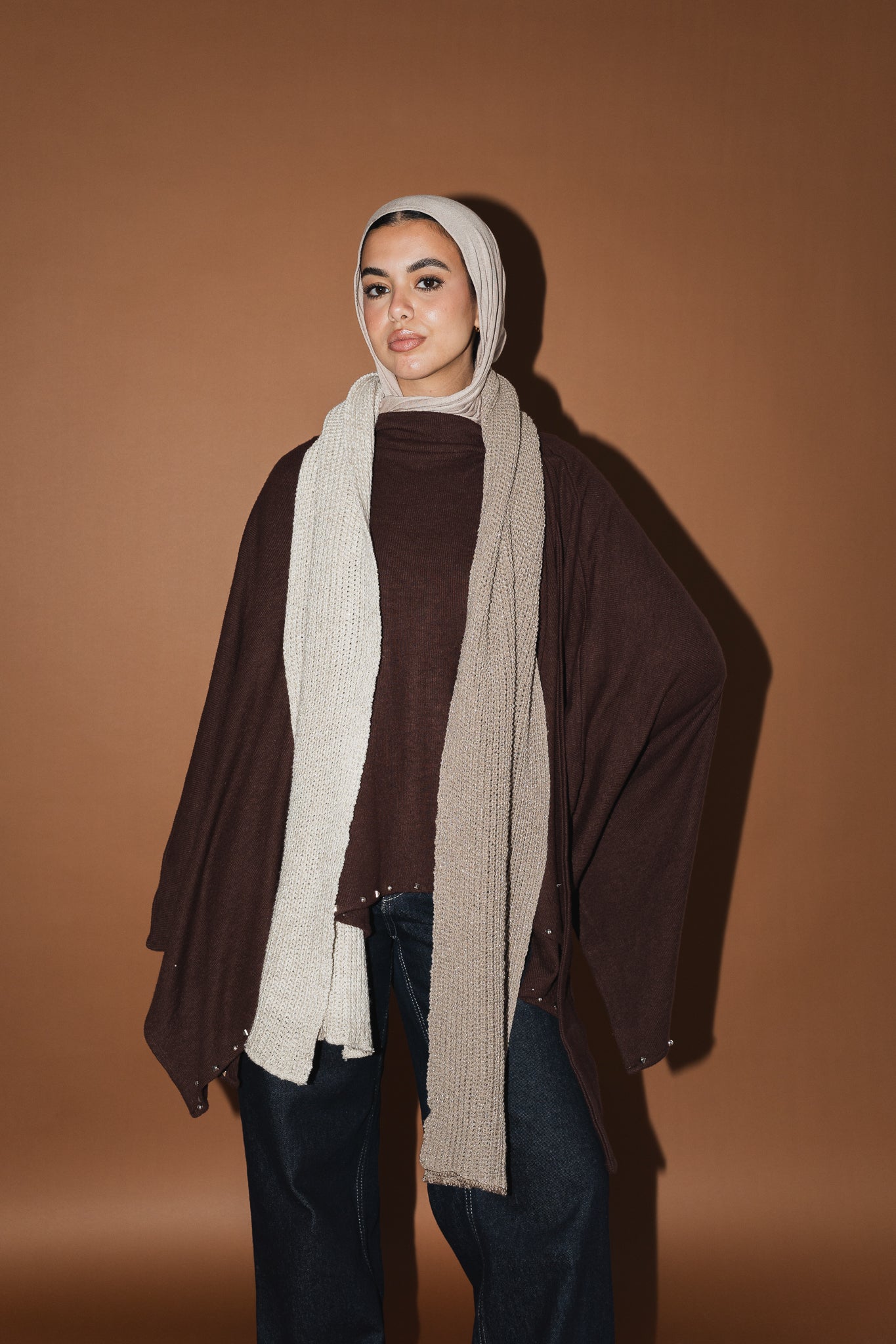 Shimmer Blend Knit Scarf in Cafe x Beige