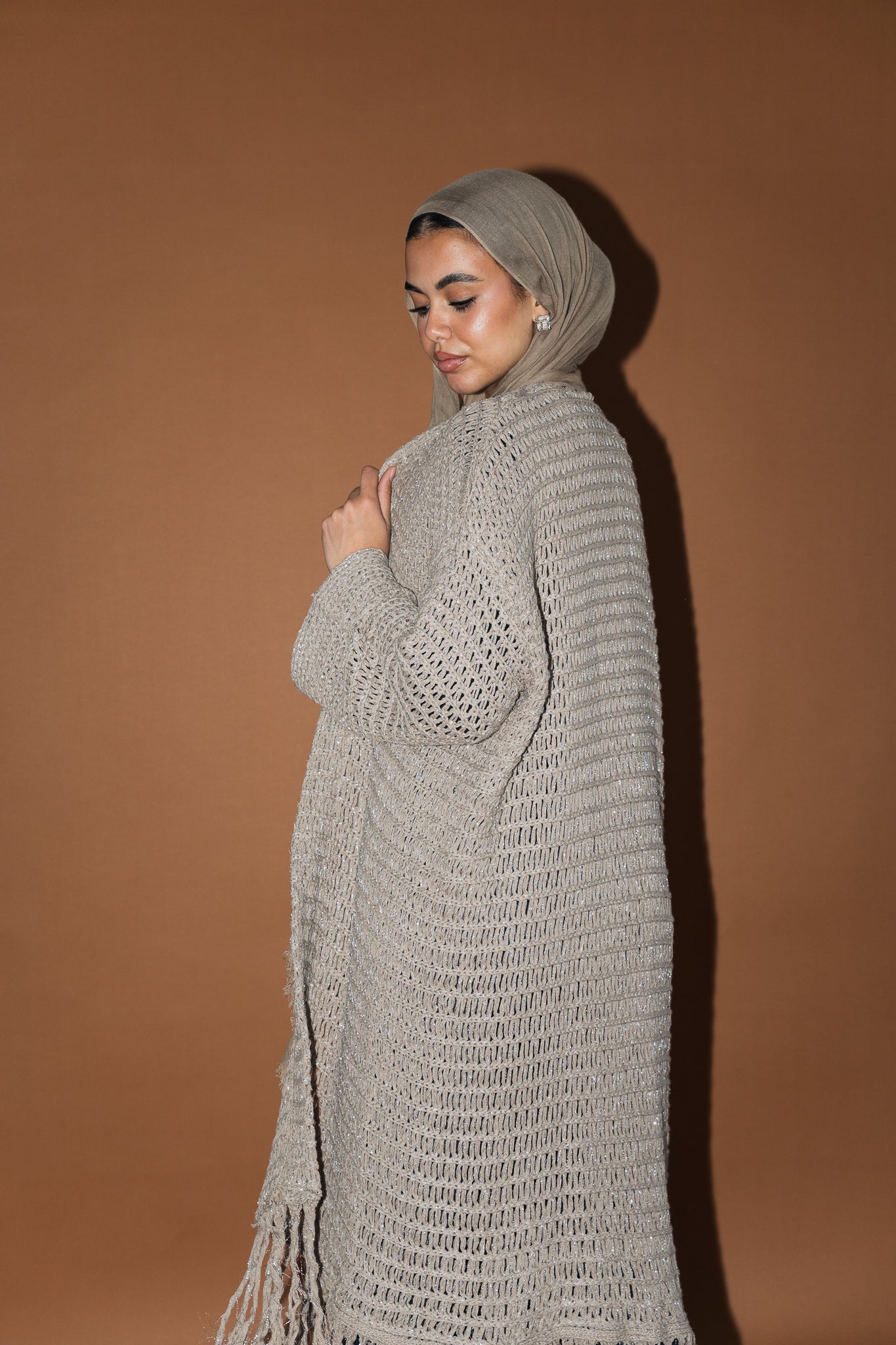 Threads of Charm Cardigan in Shimmer Cafe.