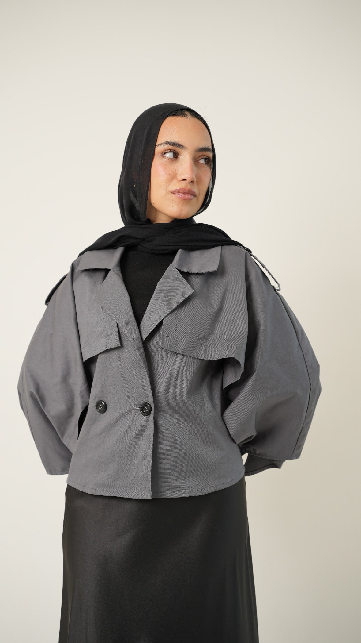 Drape Cropped Trench Coat in Gray