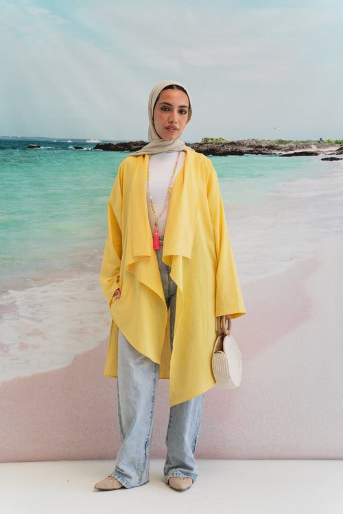 Asymmetrical Linen Petal kimono in Yellow