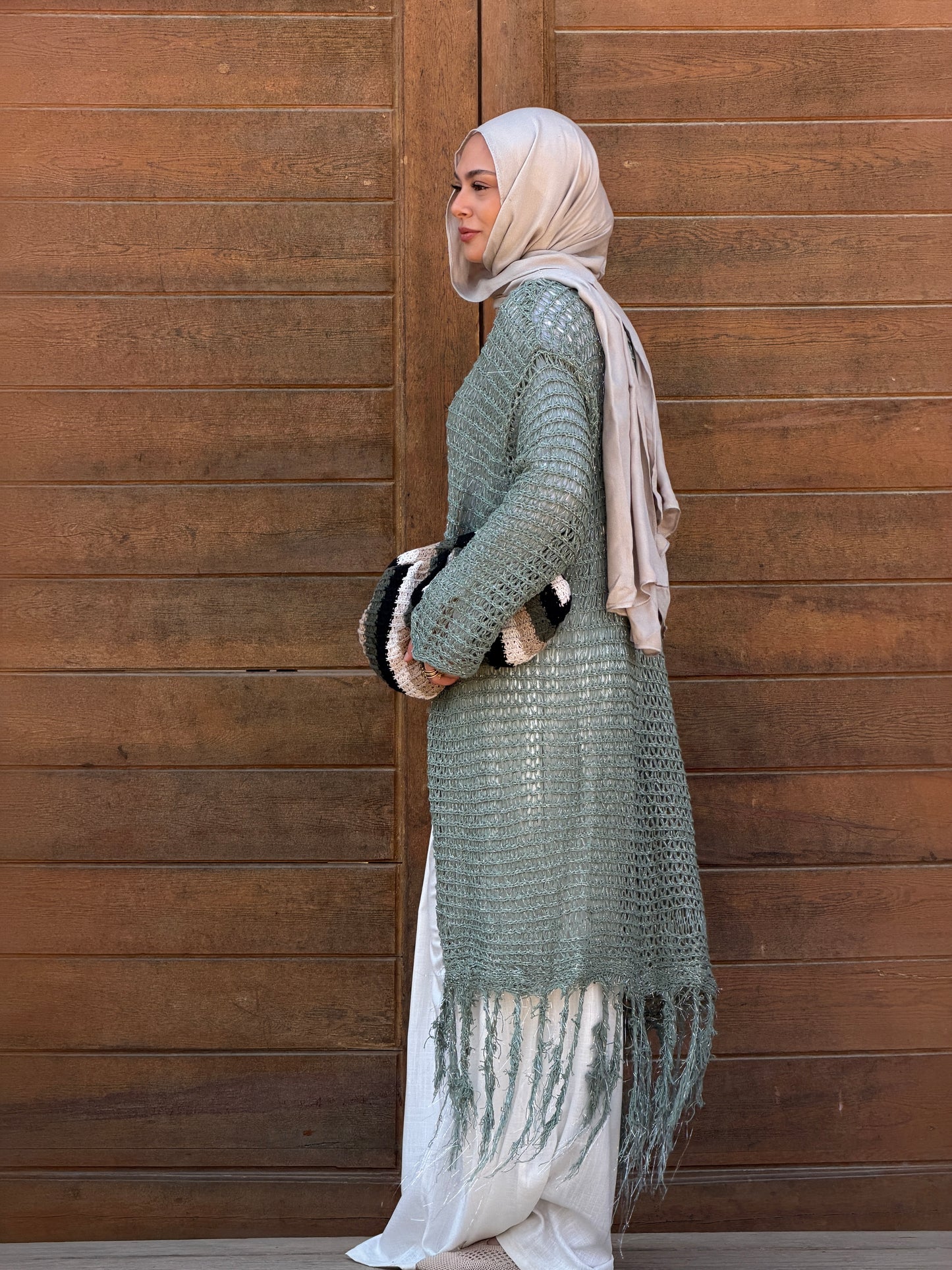 Threads of Charm Cardigan in Shimmer Mint.