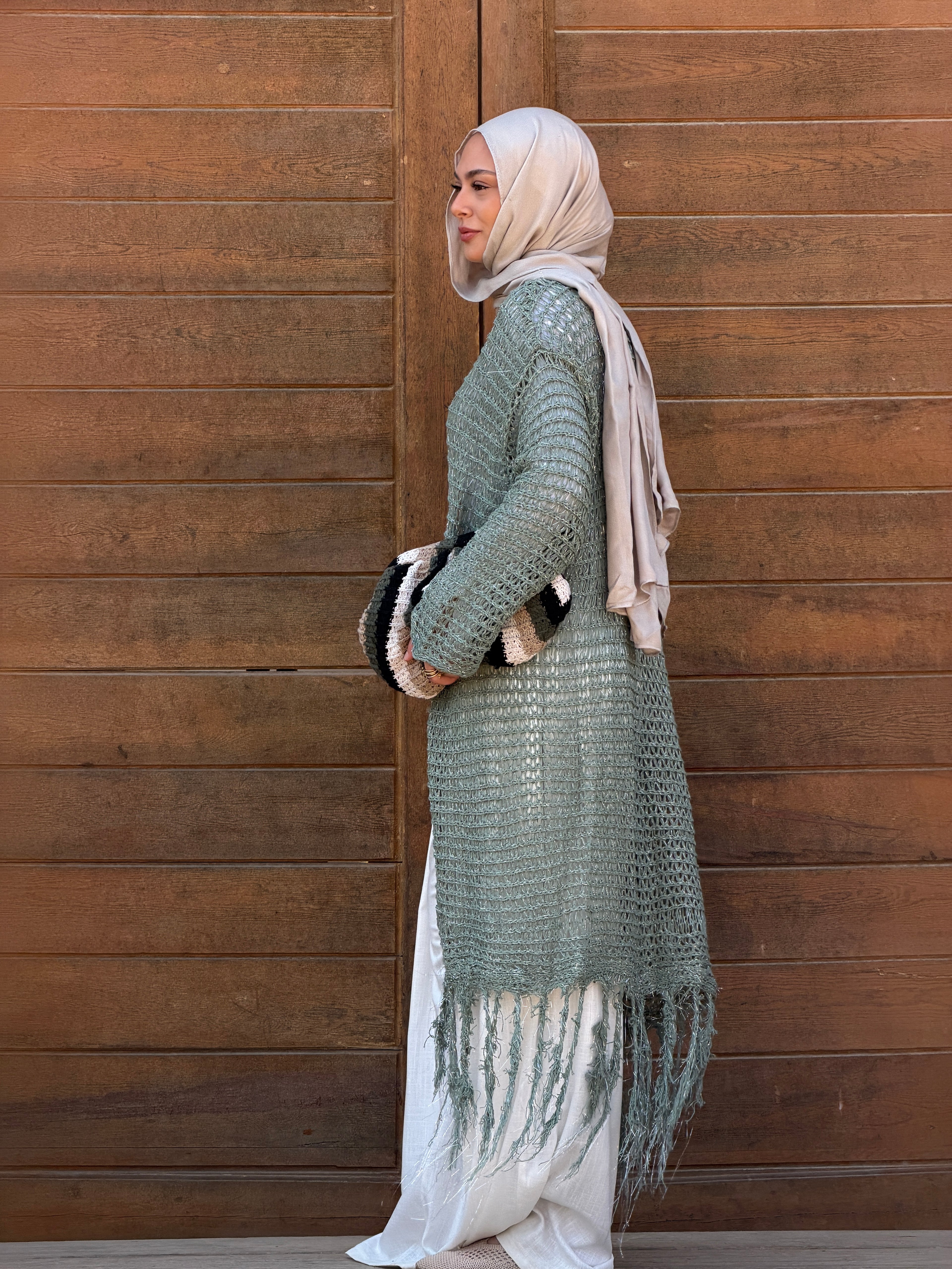 Threads of Charm Cardigan in Shimmer Mint.