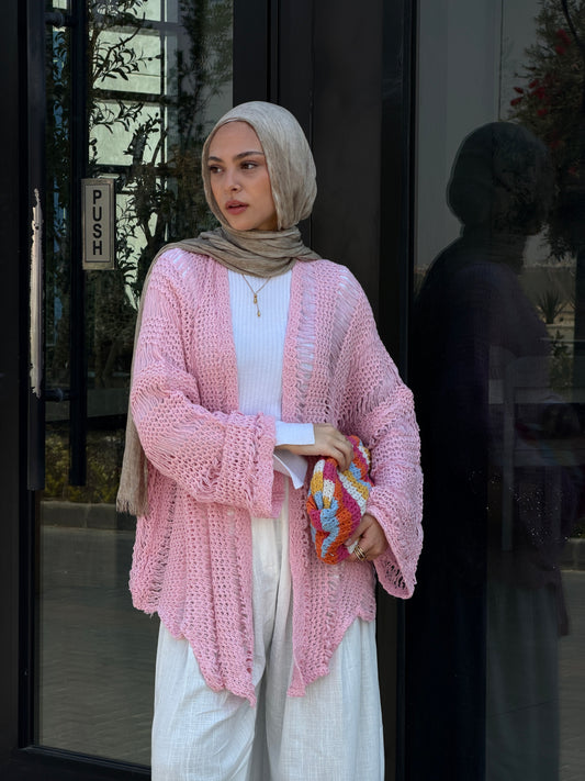 Coastal Crochet Cardigan in Baby Pink