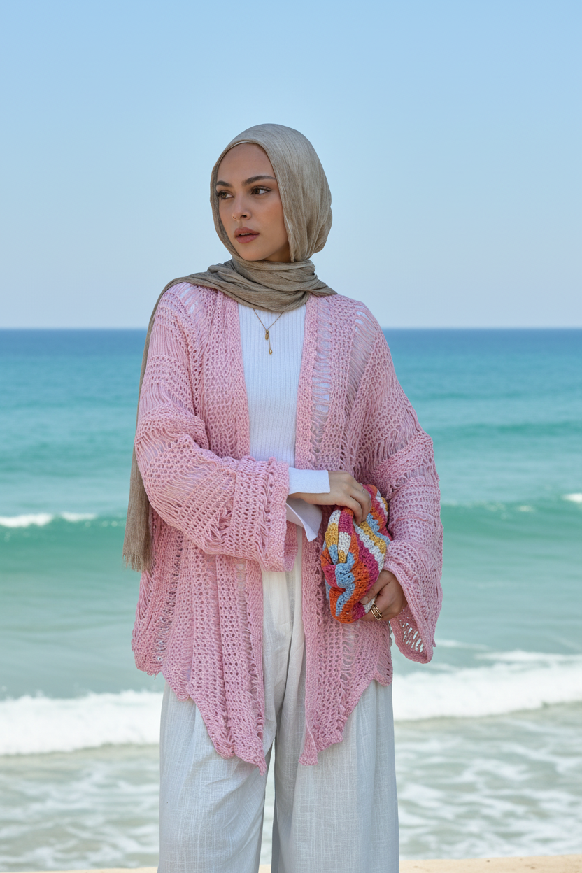 Coastal Crochet Cardigan in Baby Pink