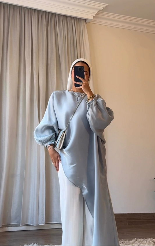 Asymmetrical Shimmer Top in Silver Blue