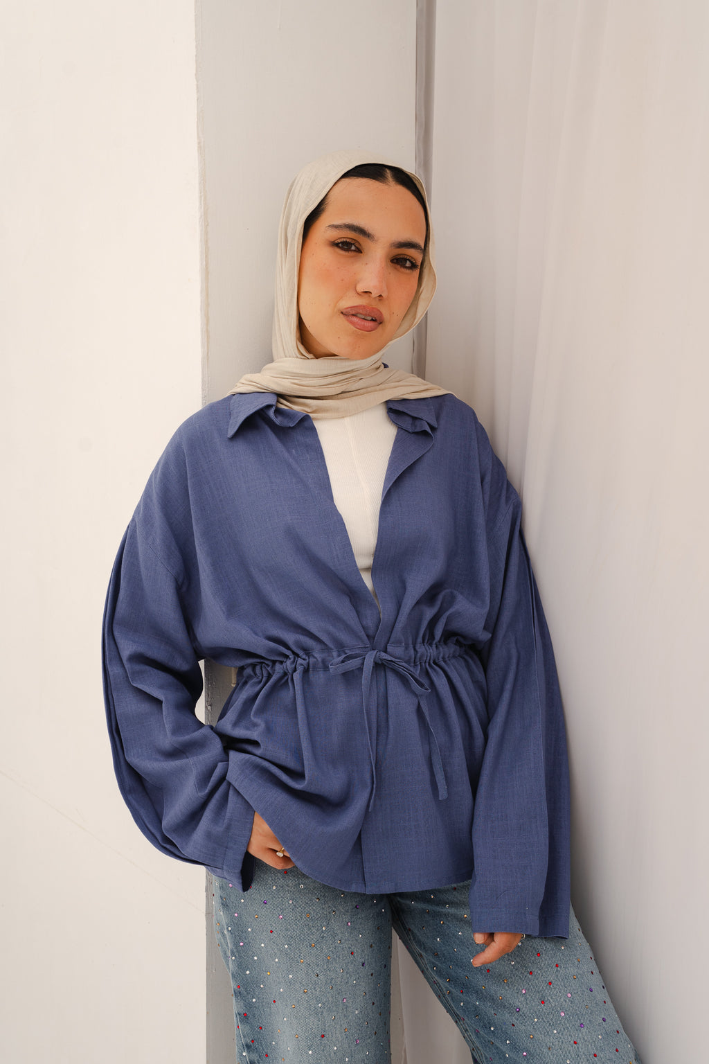Slay You Girl Linen Top in Blue