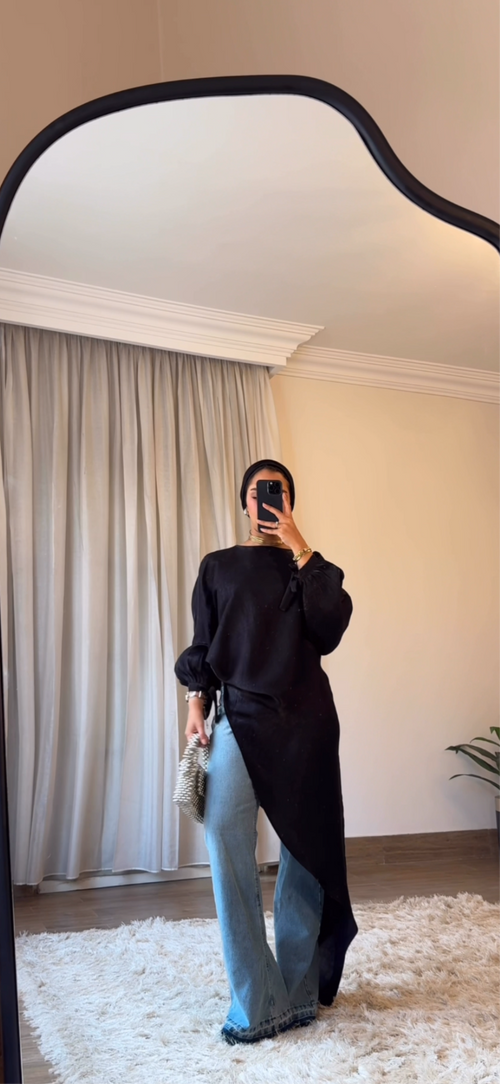 Asymmetrical Shimmer Top in Black