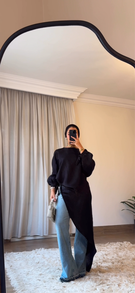 Asymmetrical Shimmer Top in Black (without belt)