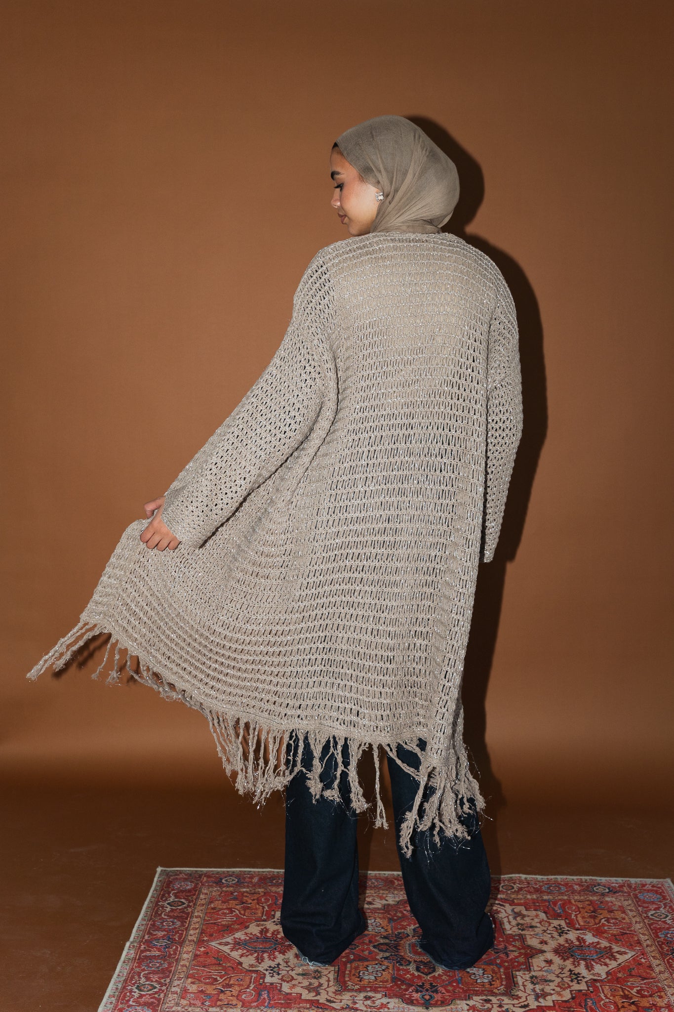 Threads of Charm Cardigan in Shimmer Cafe.