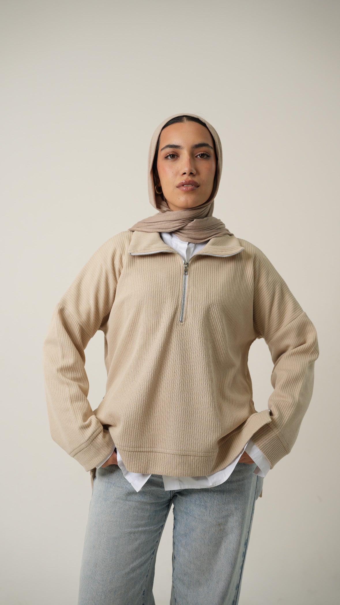 Zip-Up Sweater in Beige