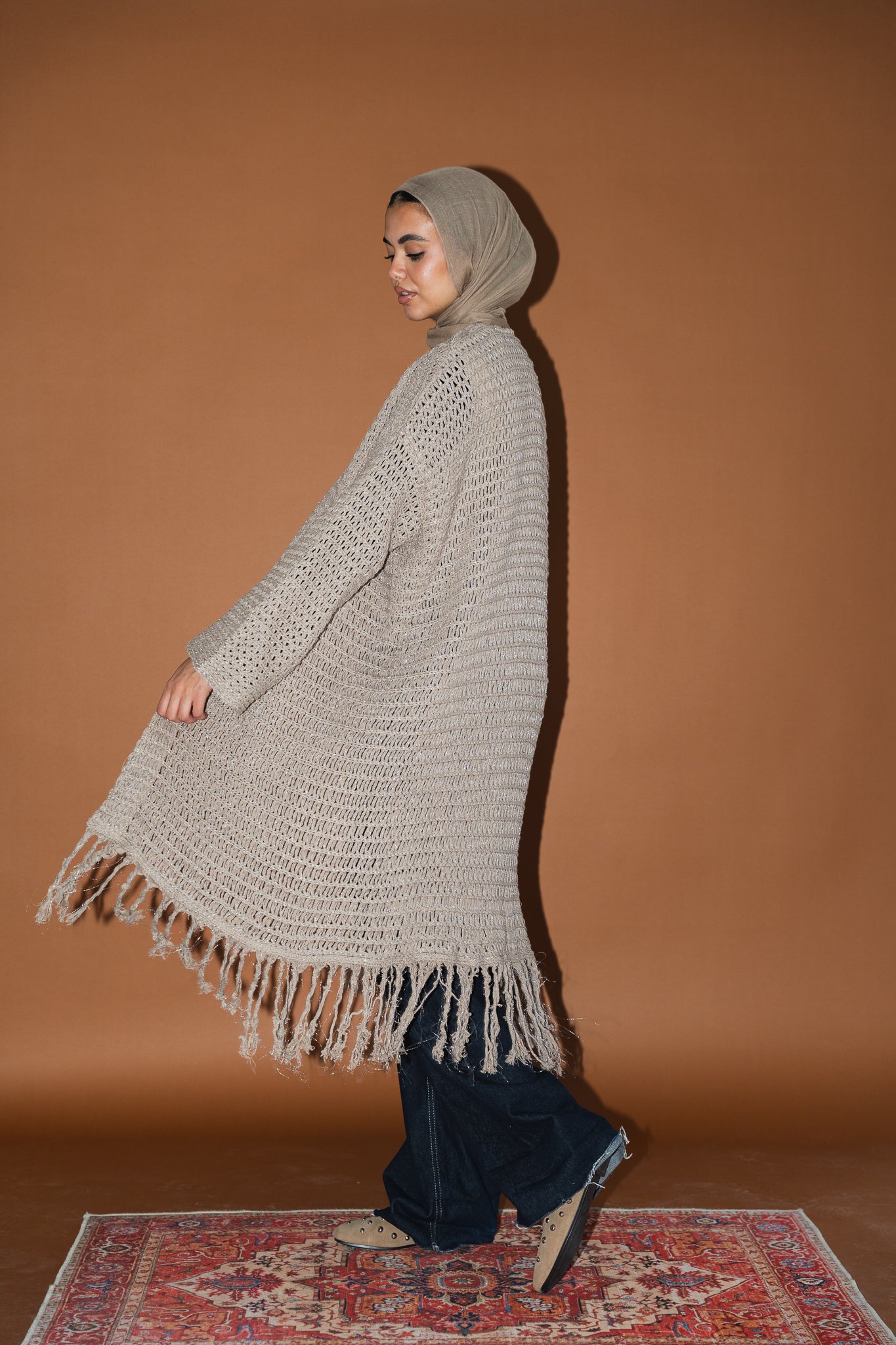 Threads of Charm Cardigan in Shimmer Cafe.
