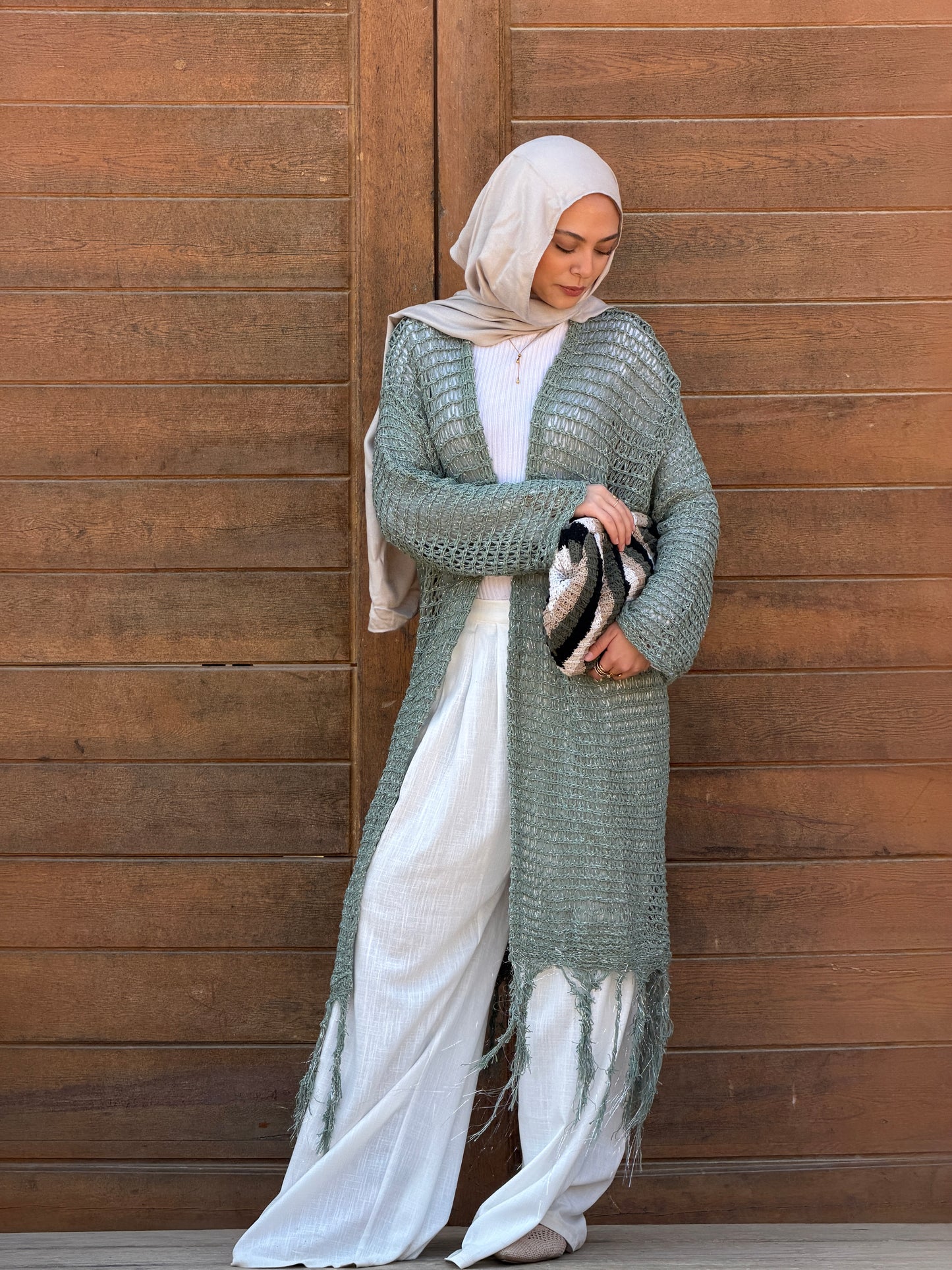 Threads of Charm Cardigan in Shimmer Mint.