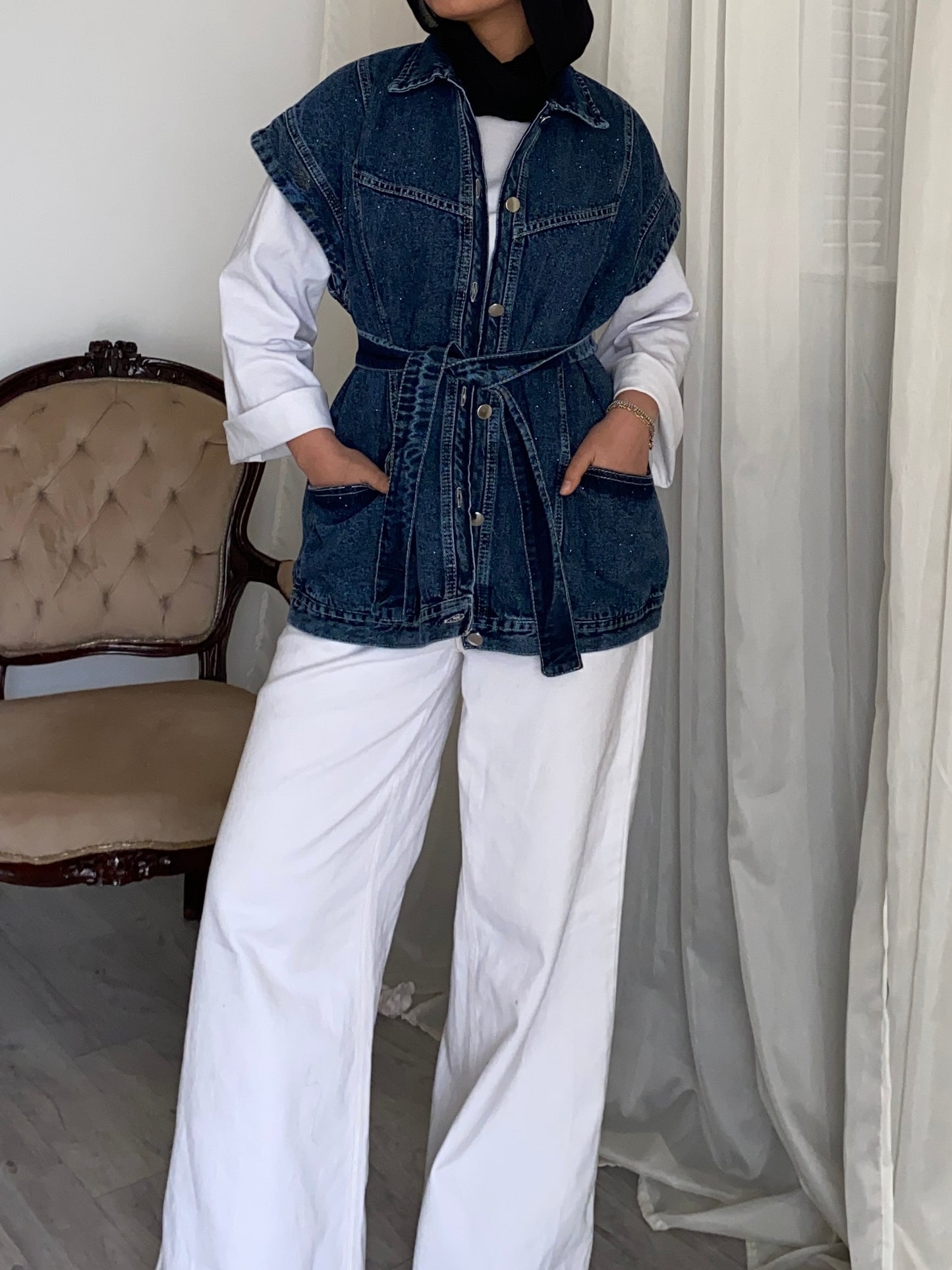 STUDDED Denim Vest in Dark blue