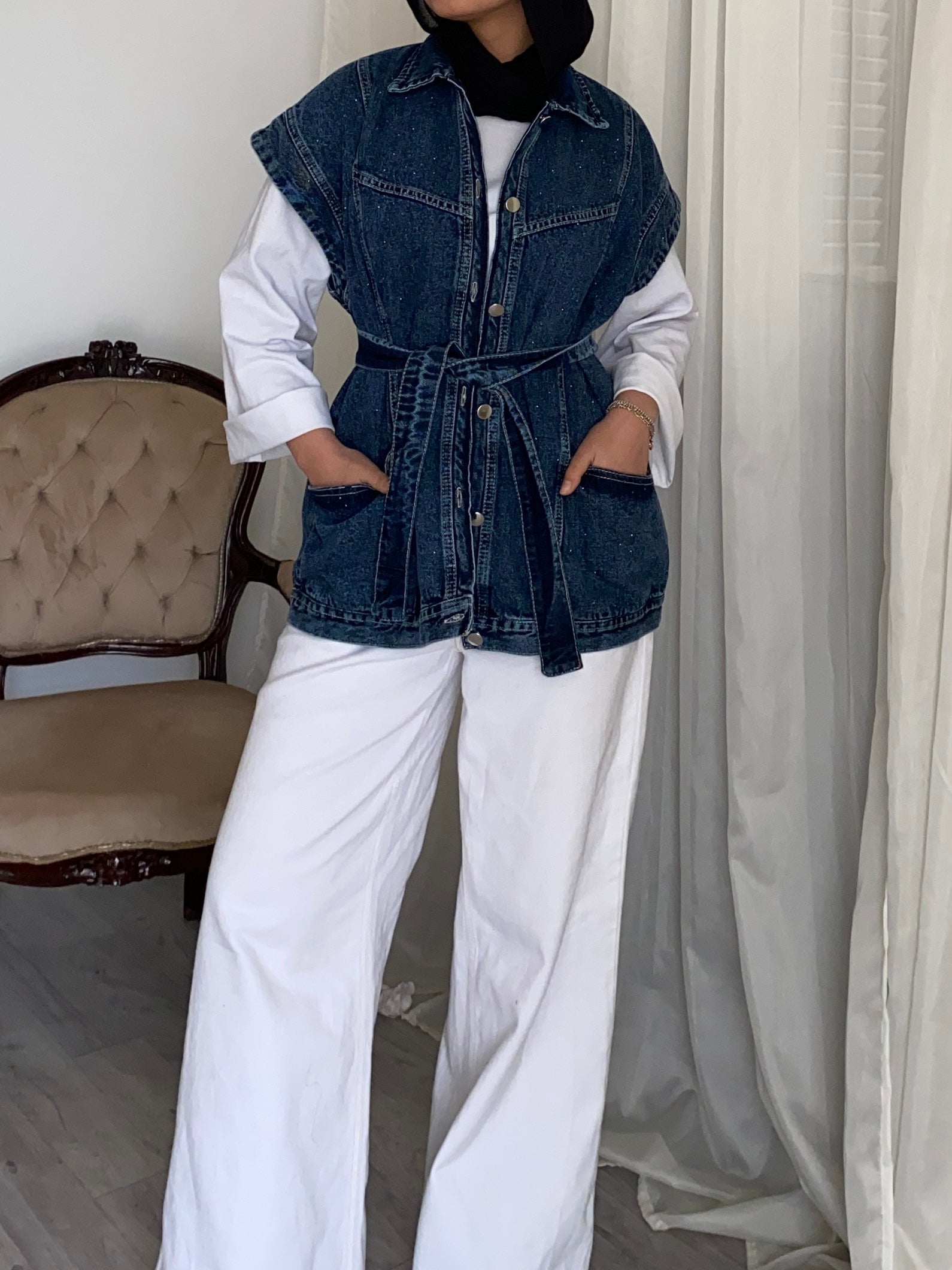 STUDDED Denim Vest in Dark blue