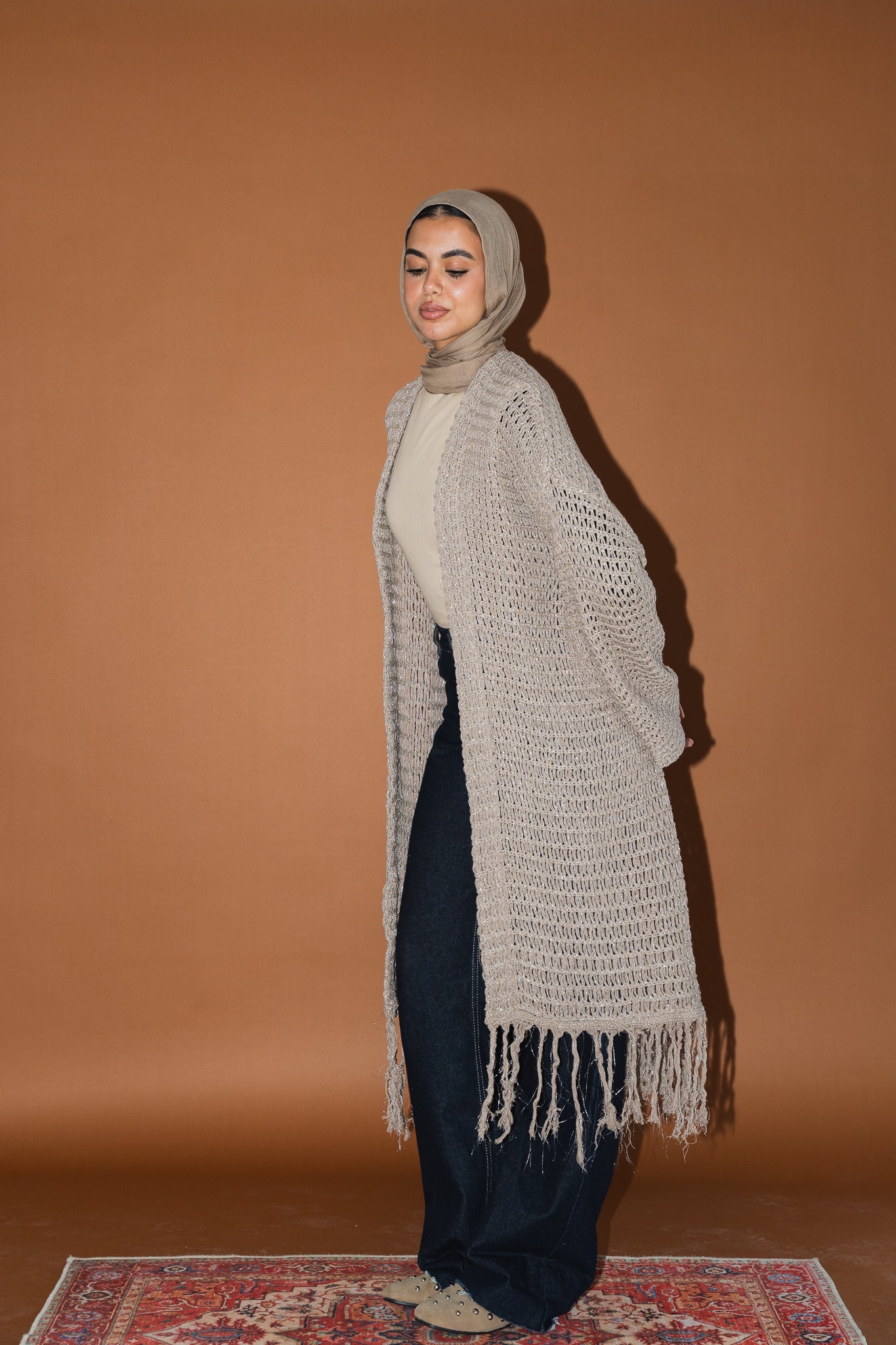 Threads of Charm Cardigan in Shimmer Cafe.