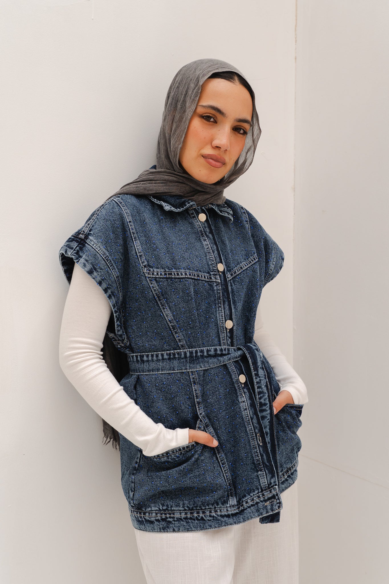 STUDDED Denim Vest in Dark blue
