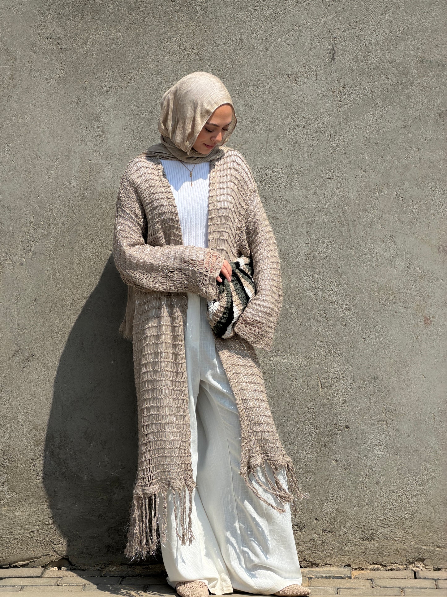 Threads of Charm Cardigan in Shimmer Cafe.