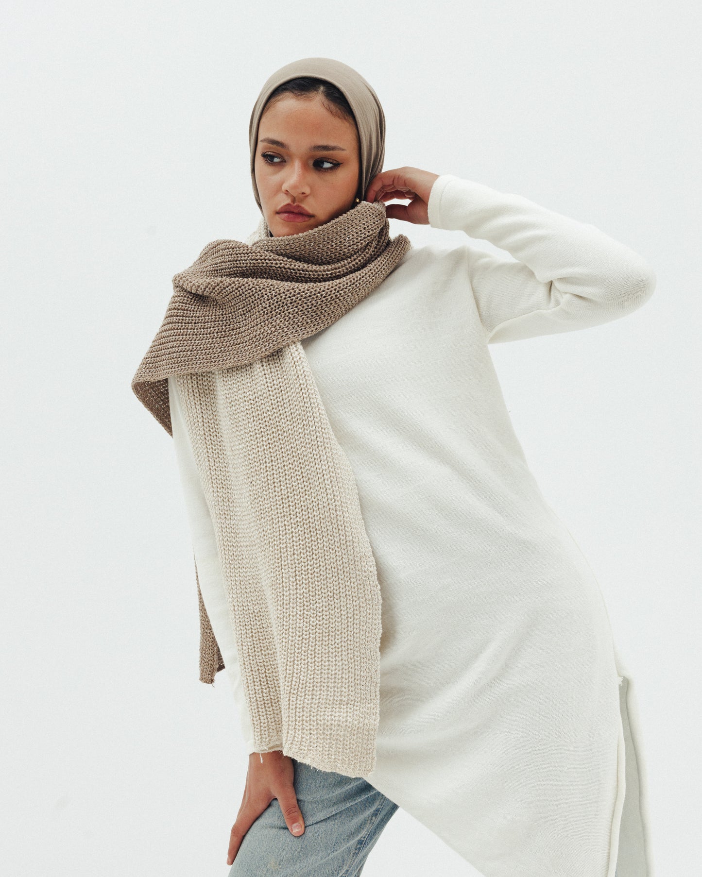 Shimmer Blend Knit Scarf in Cafe x Beige