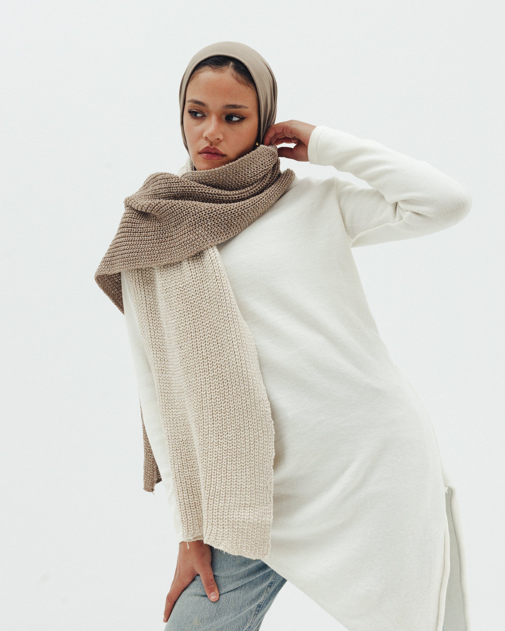 Shimmer Blend Knit Scarf in Cafe x Beige