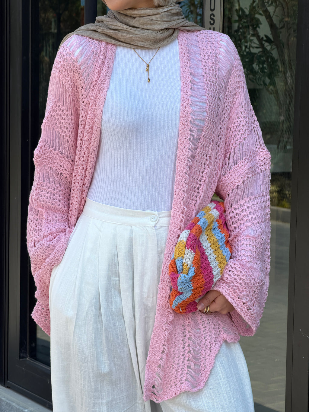 Coastal Crochet Cardigan in Baby Pink