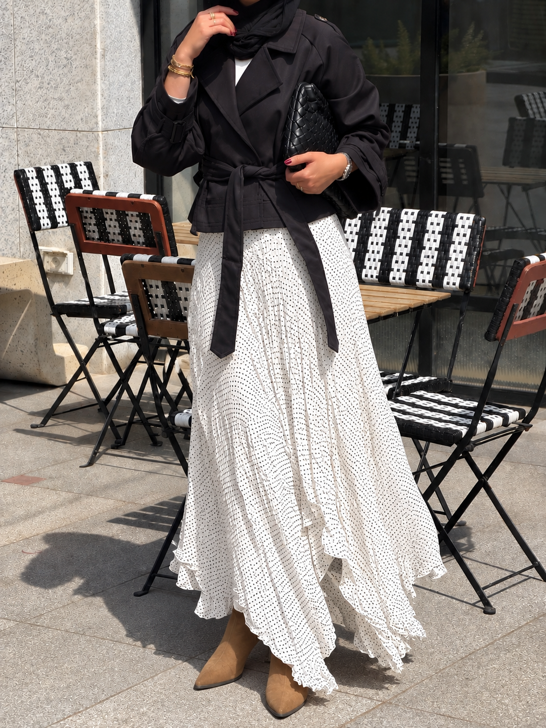 Lilia Crushed Skirt in Dotted Black x White