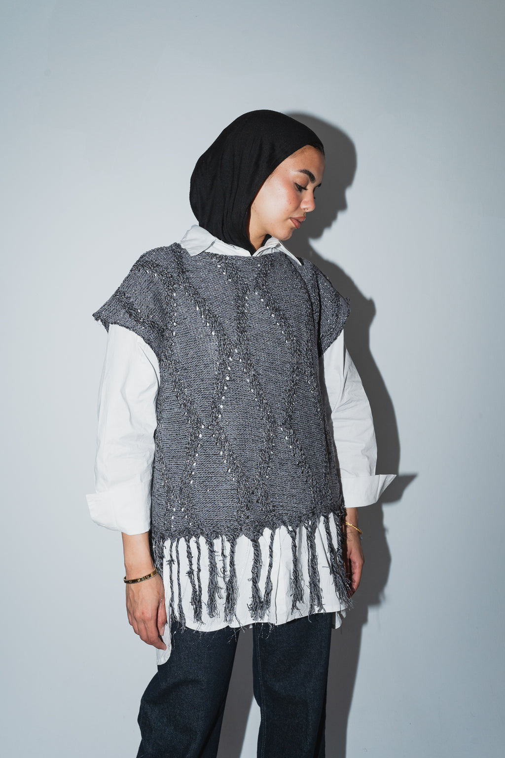 Crystal Mettalic Tassel Vest in Shimmer Dark Grey x Black