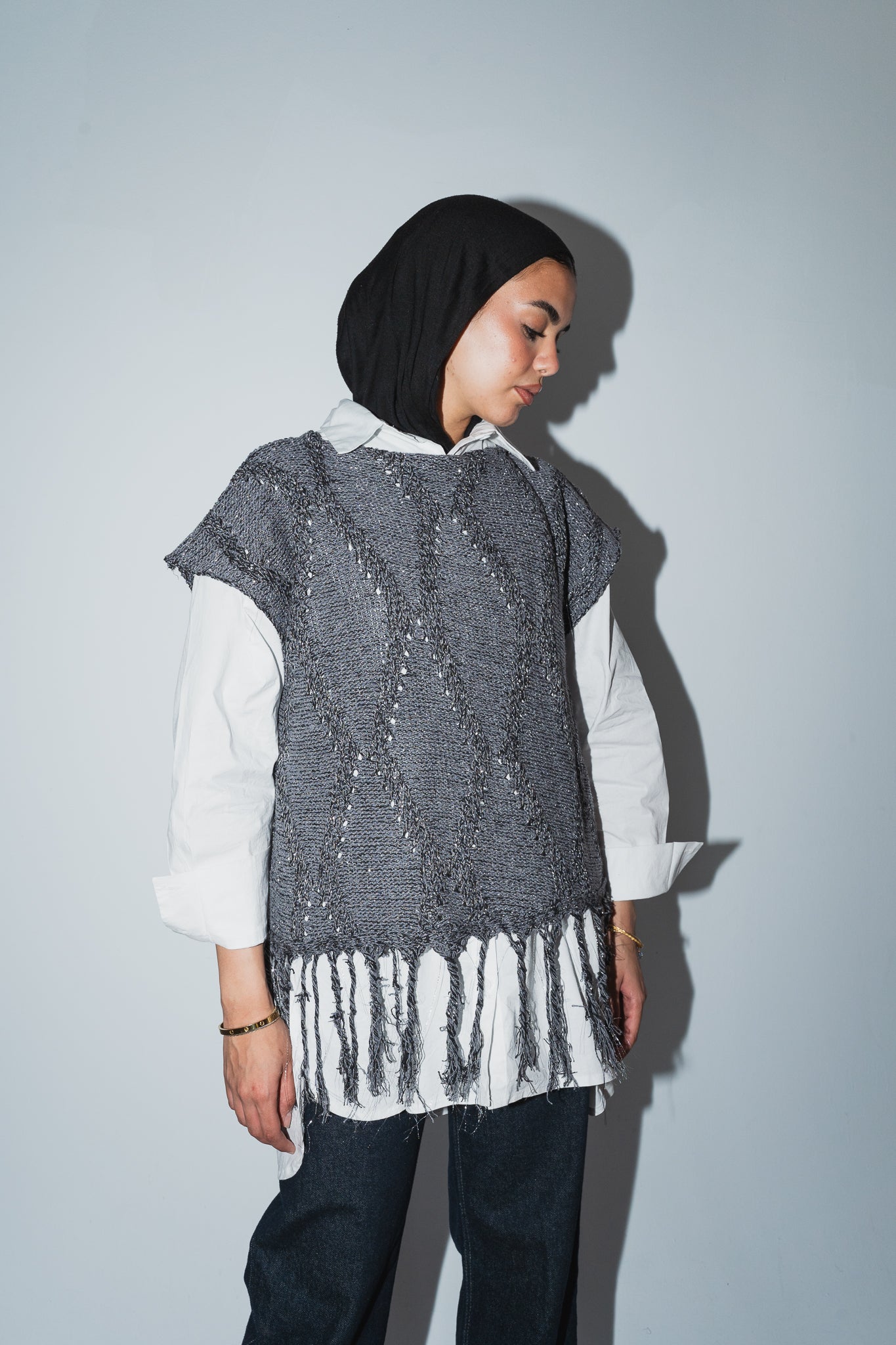 Crystal Mettalic Tassel Vest in Shimmer Dark Grey x Black