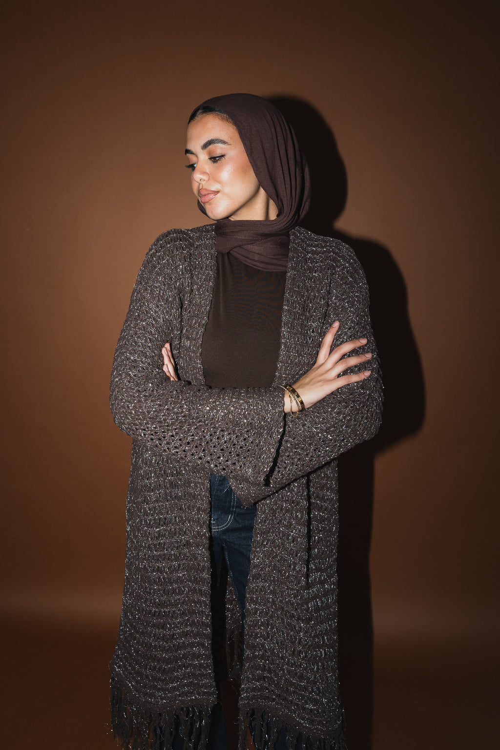 Threads of Charm Cardigan in Shimmer Brown