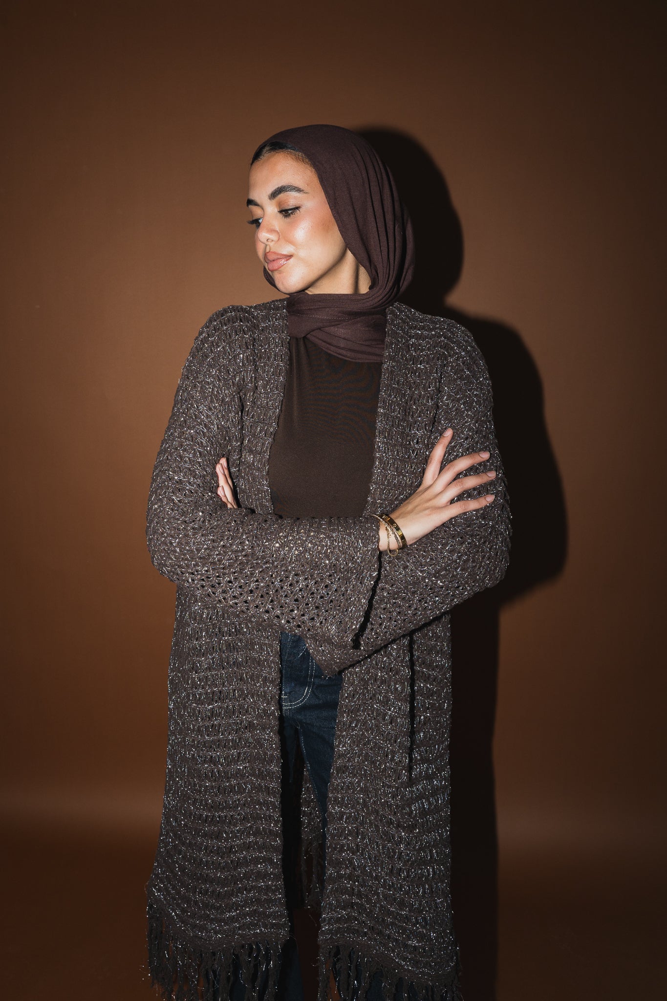 Threads of Charm Cardigan in Shimmer Brown