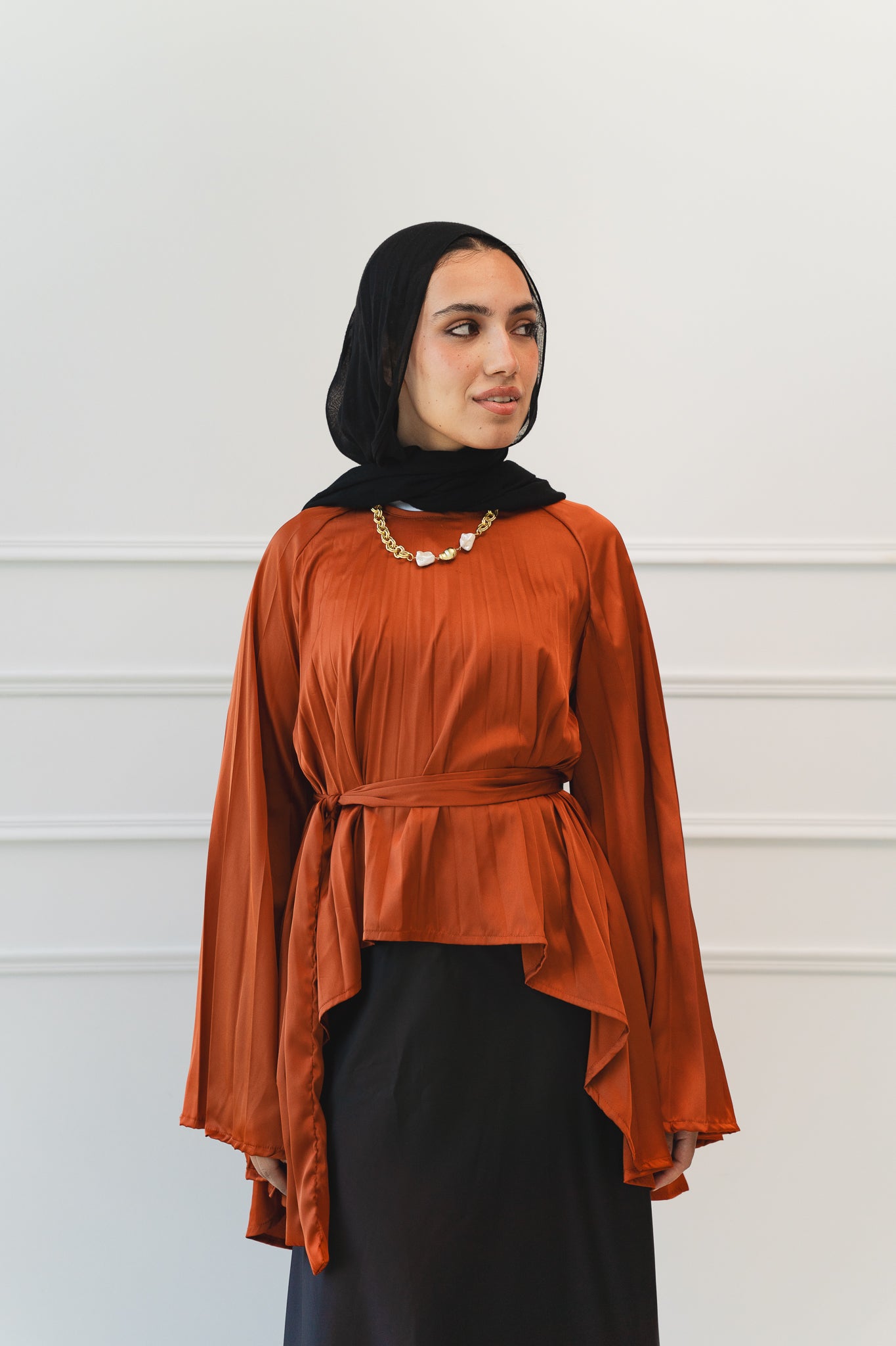 Satin Pleats Top in Brick