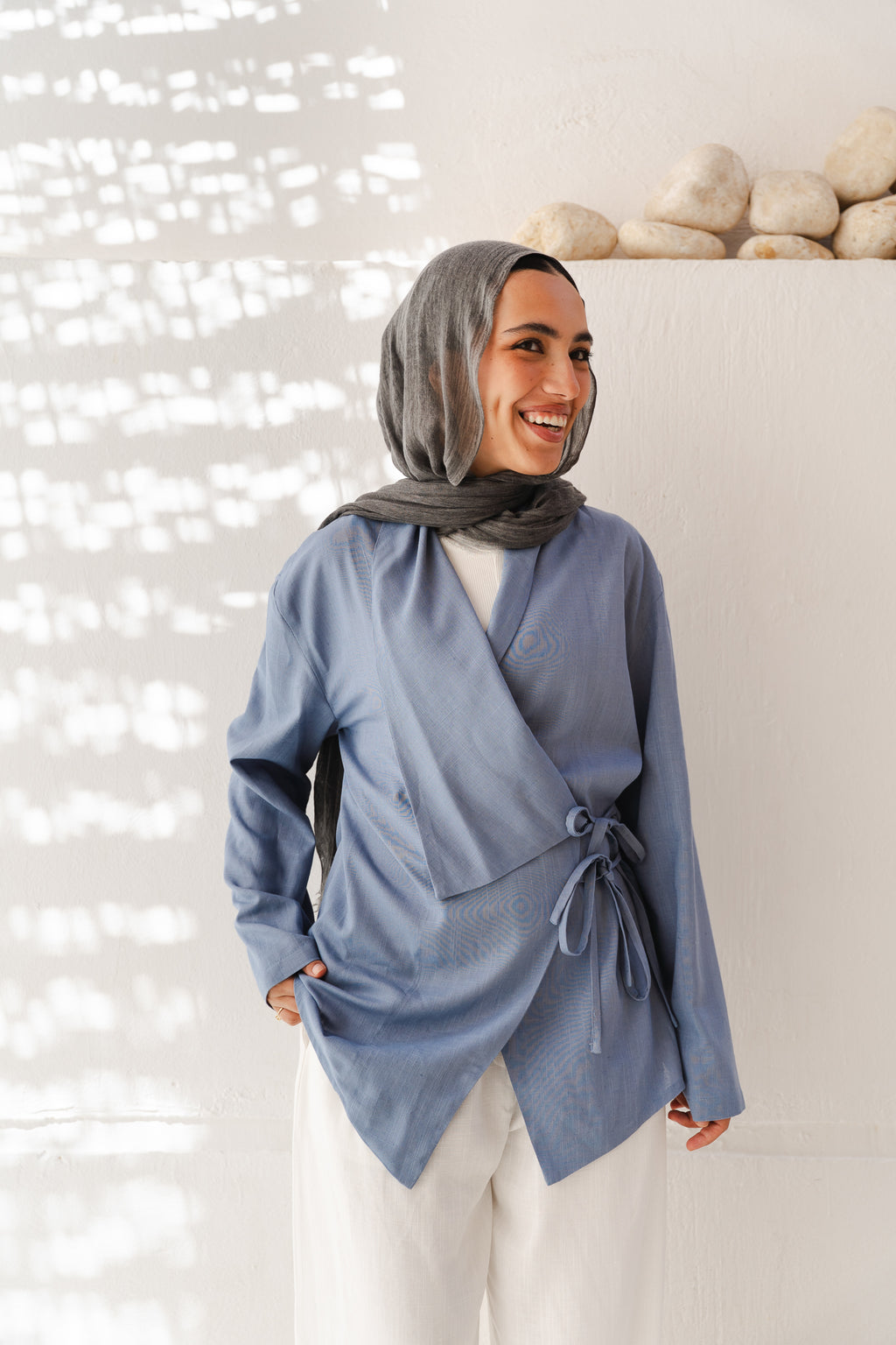 Side Tie Linen Top in Blue